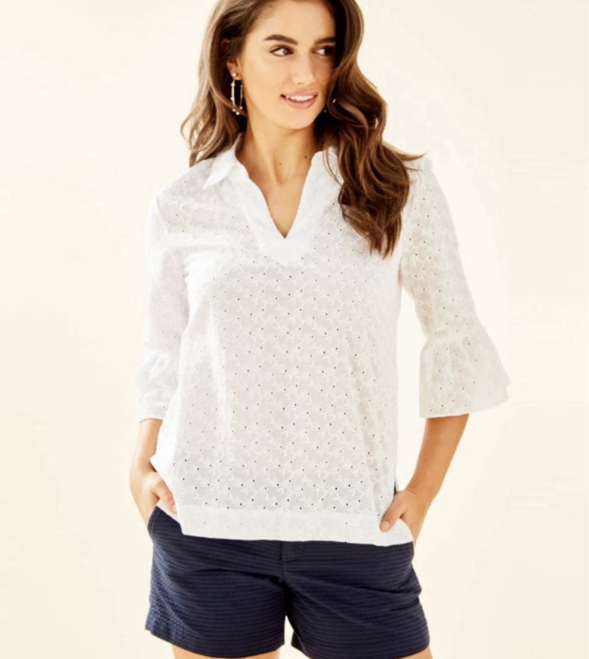Lilly Pulitzer Ginger Fishy Eyelet Tunic Collared 3/4 Bell Sleeve White S NEW