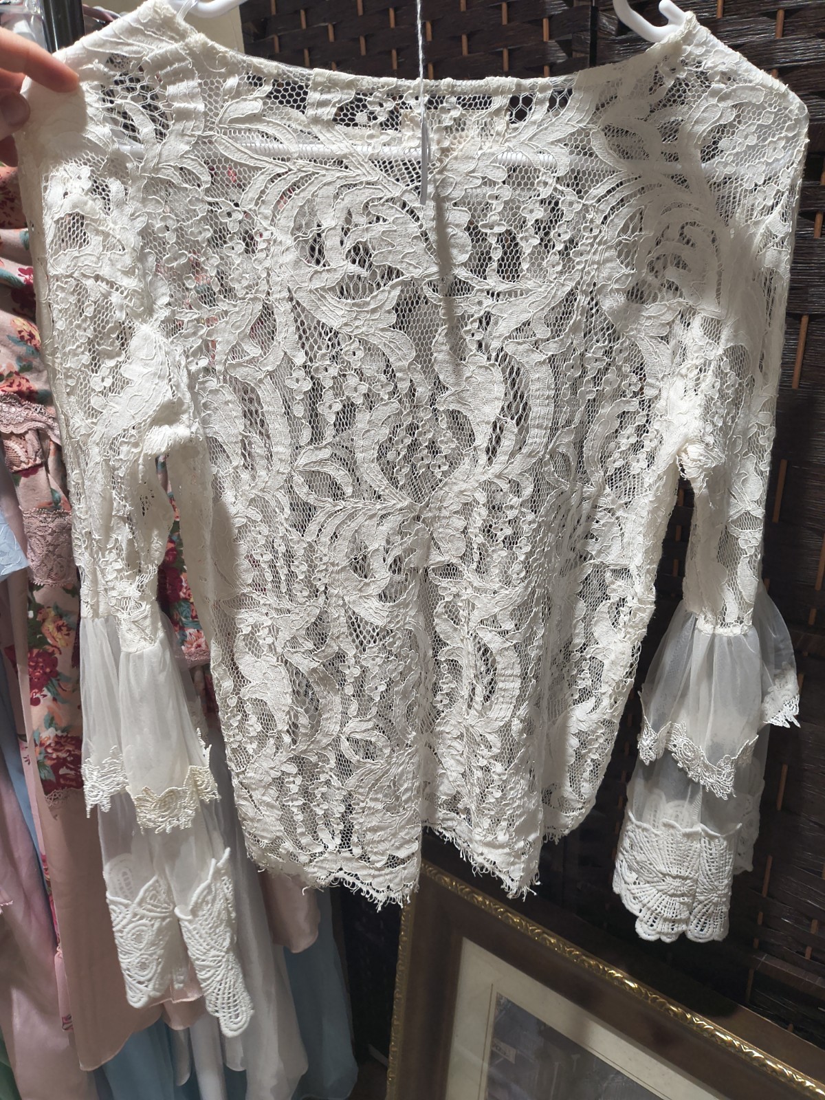 Say What? Womens M White Floral Lace Sheer Long Sleeve Blouse Bridal Cottagecore