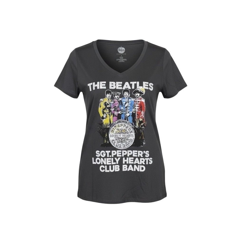 The Beatles Womens Black Cotton Sgt. Peppers Graphic V-Neck T-Shirt Size 1