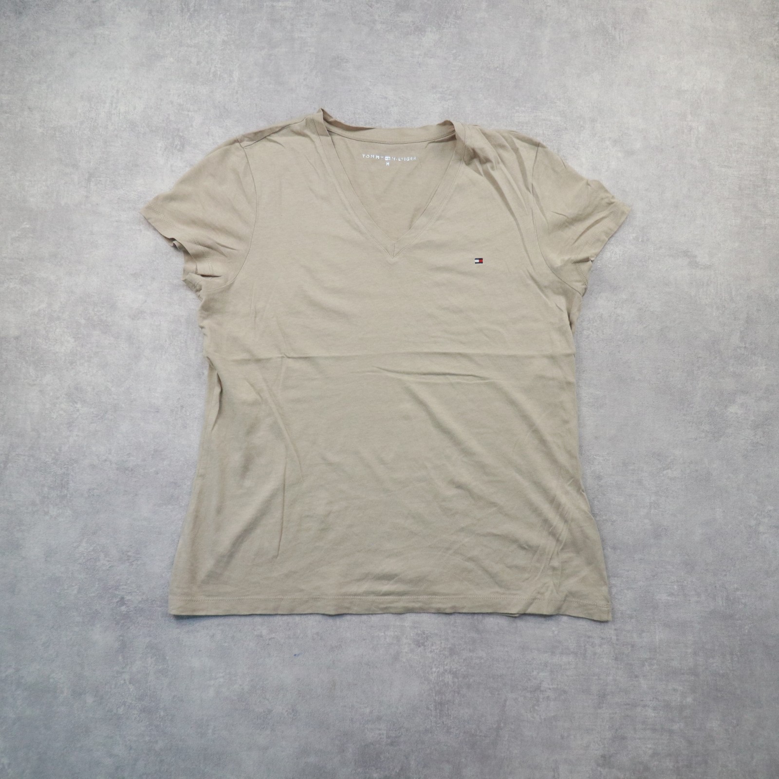 Tommy Hilfiger T-Shirt Women Medium V-Neck Cotton, Beige