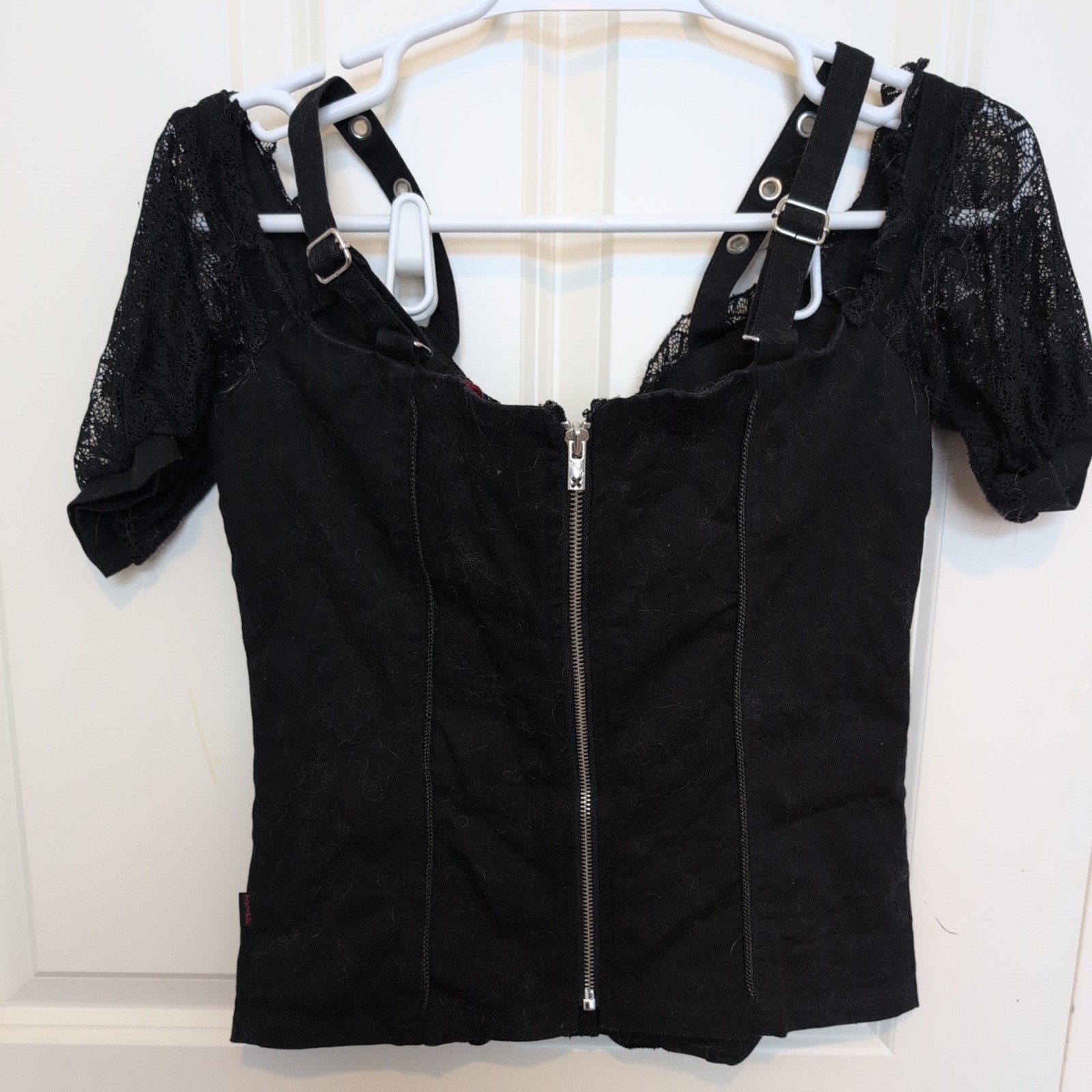 Vintage Tripp NYC Black Corset Top M Grunge Y2K Emo Lace ruffle cap sleeves