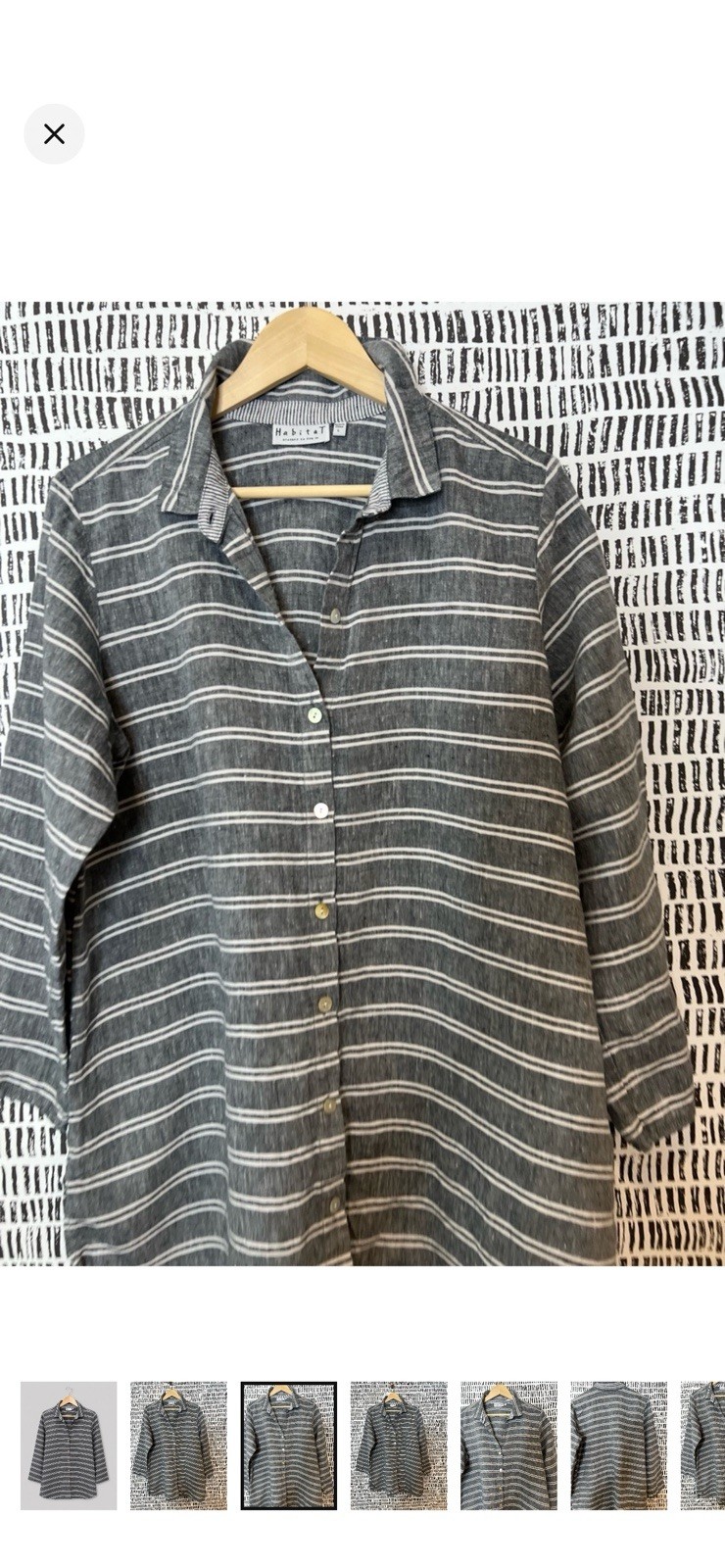 Habitat Gray White Striped Button-Up Collared 3/4 Sleeve Cotton Woven Top L