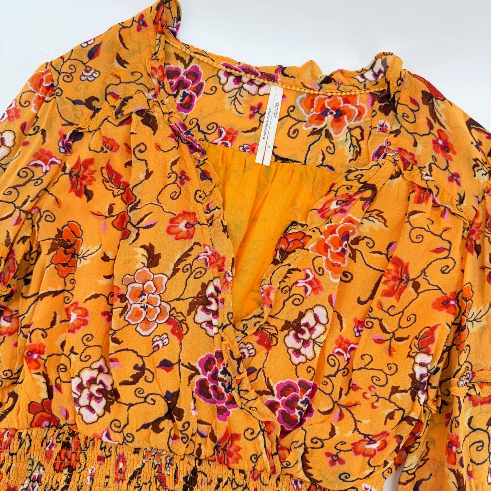 Anthropologie Floral Print Long Sleeve Smocked Waist Blouse Orange Womens Small
