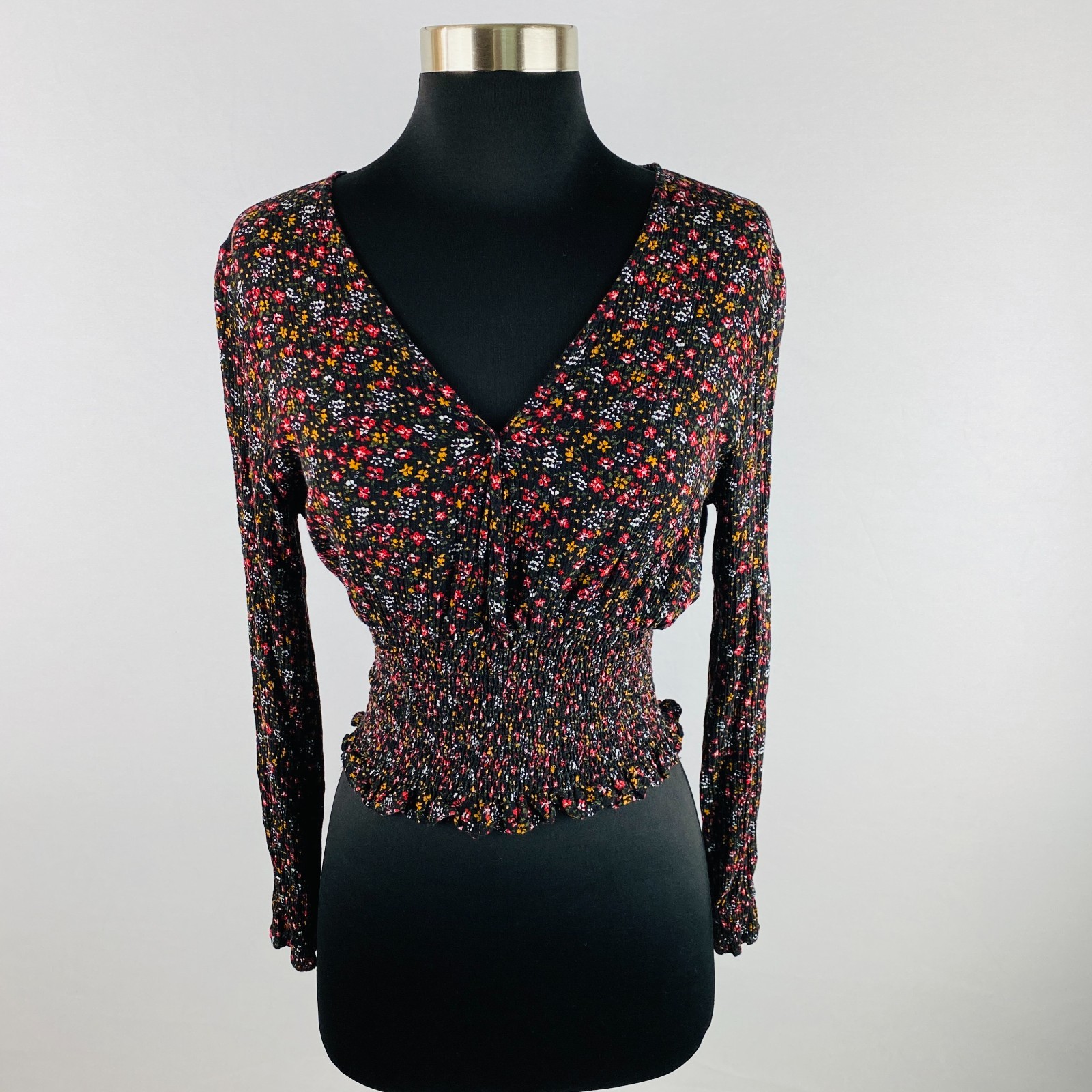 Paper Crane Womens Floral Print Bohemian Gypsy Long Sleeve Smocked Work Job S