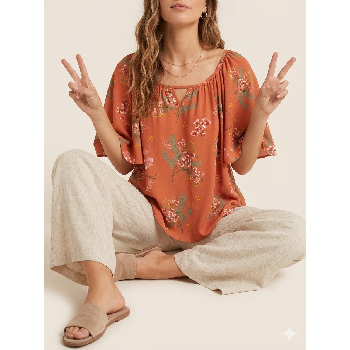 Copper Key Orange Floral Tiered Flutter Sleeve Blouse Top Feminine Womens Medium