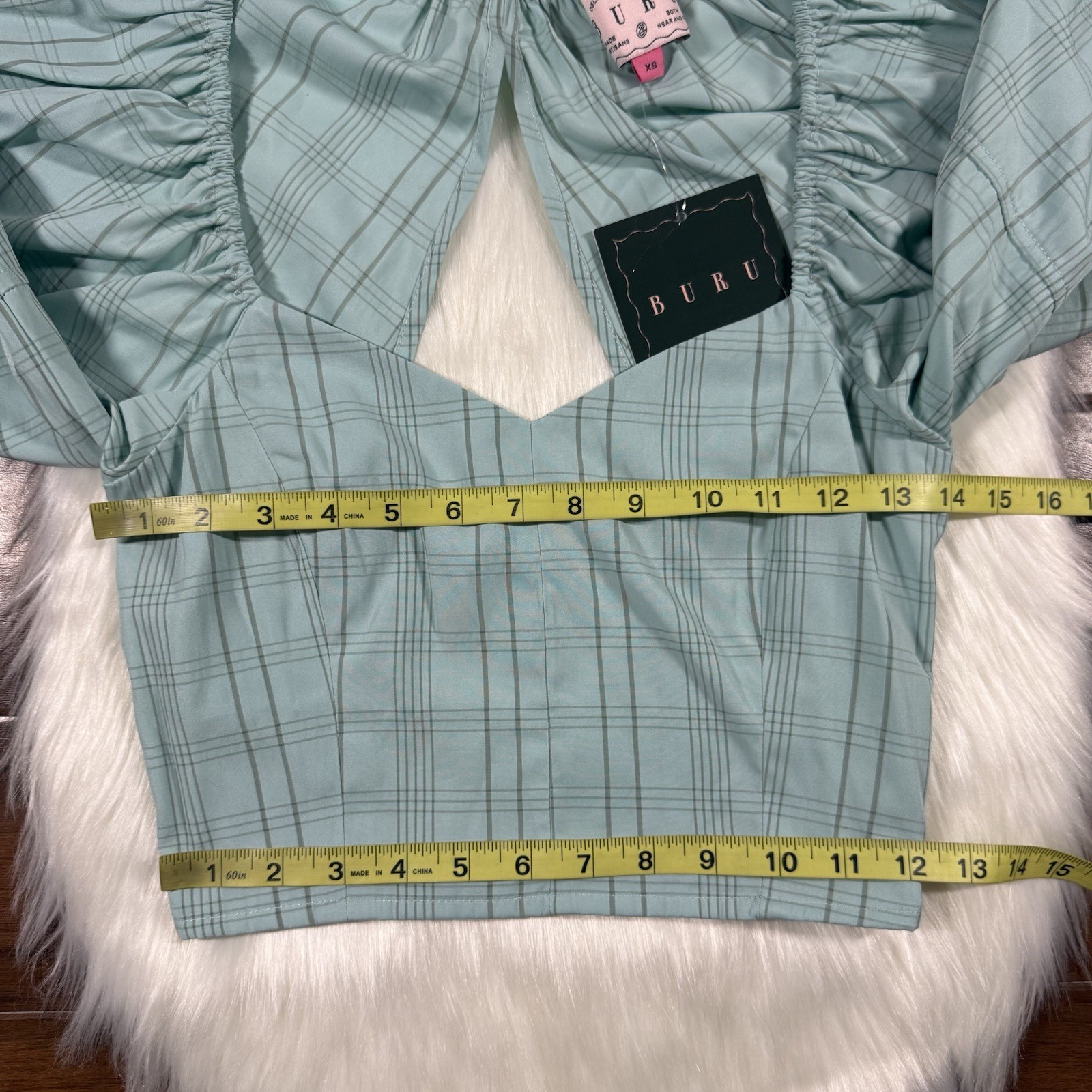 Buru Size XS Aqua Stripe Sweetheart Neck Balloon Sleeve Bustier Cropped Top