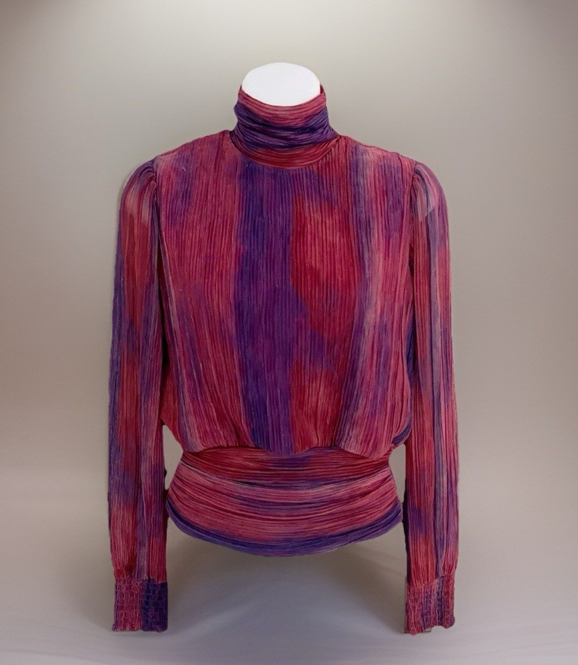 BAILEY 44 Crinkle Top XS Red Purple Metallic Smocked High Neck Career Office