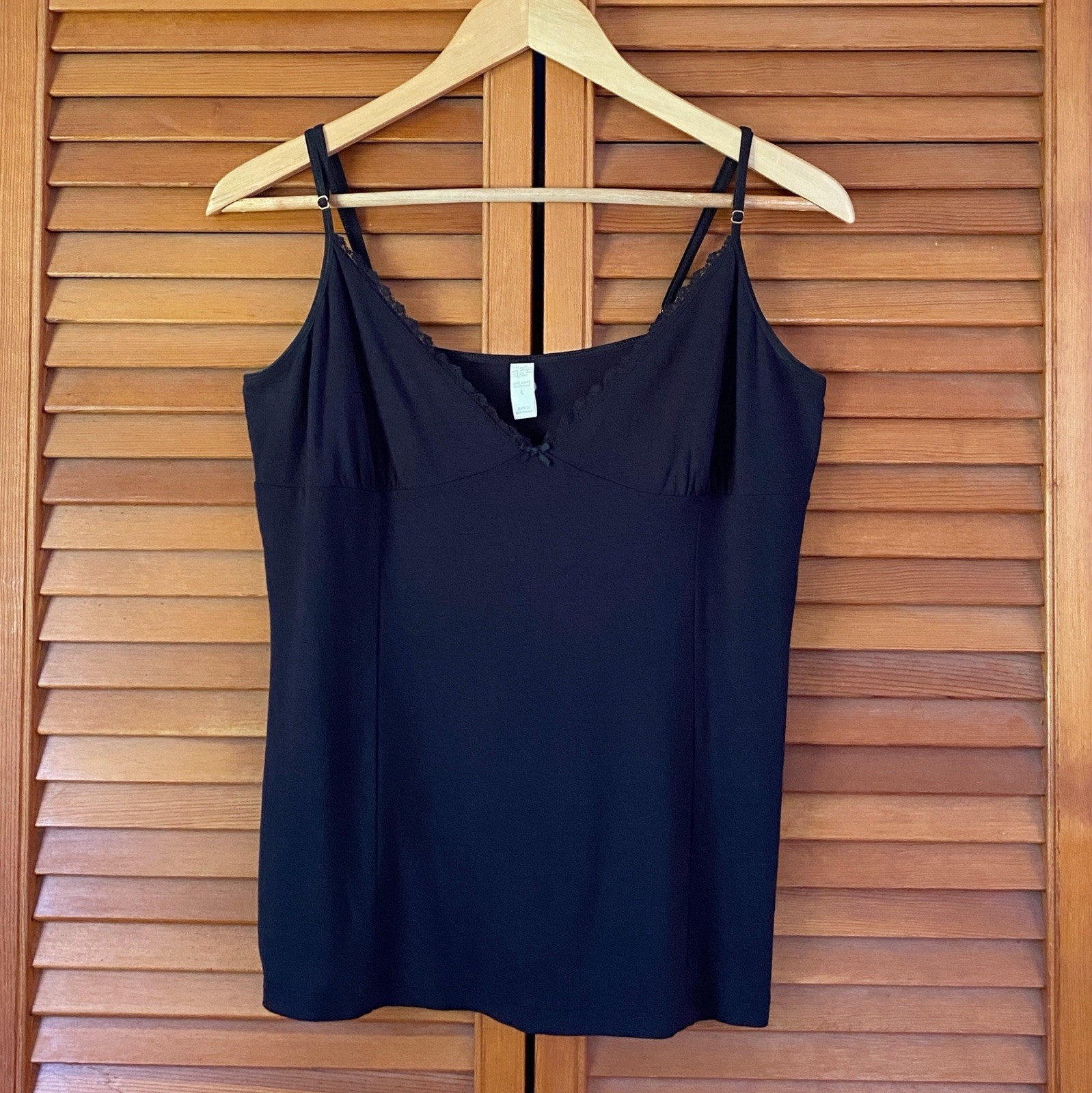 Vintage Old Navy Cami Tank Top Women’s Size Large Black Babydoll Lace Bow V-Neck