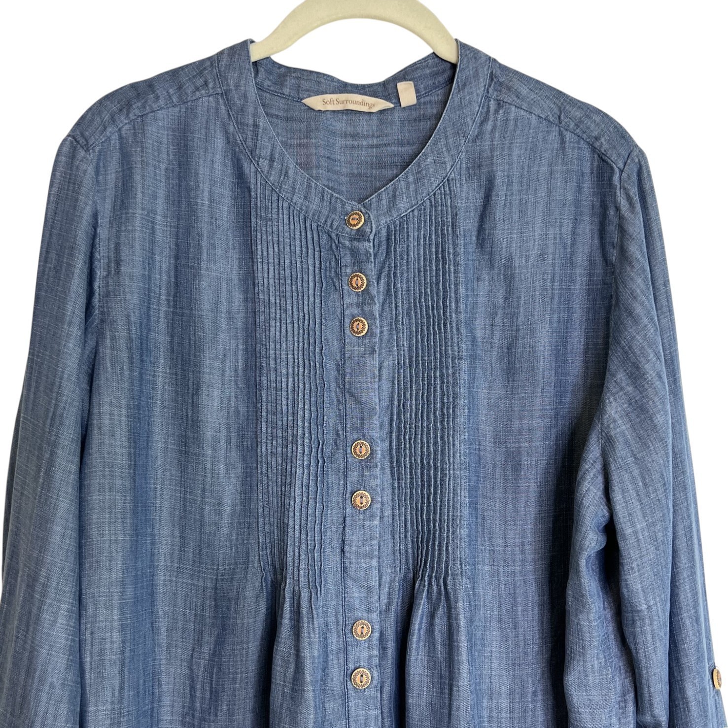 Soft Surroundings Chambray Tunic Long Sleeve Button Front PXL Blue Lyocell