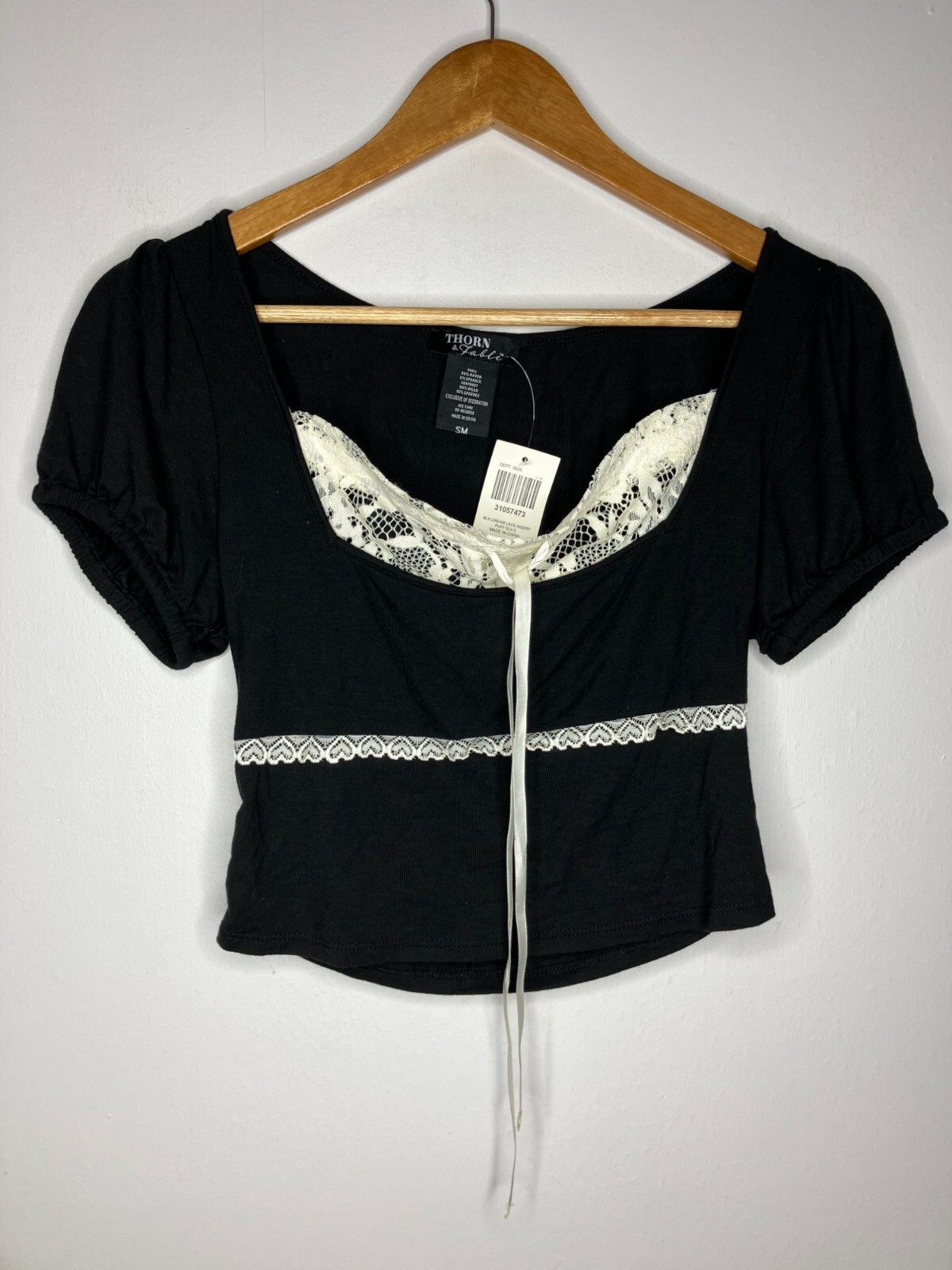 Thorn & Fable Black Cream Lace Insert Crop Top Womens Small New
