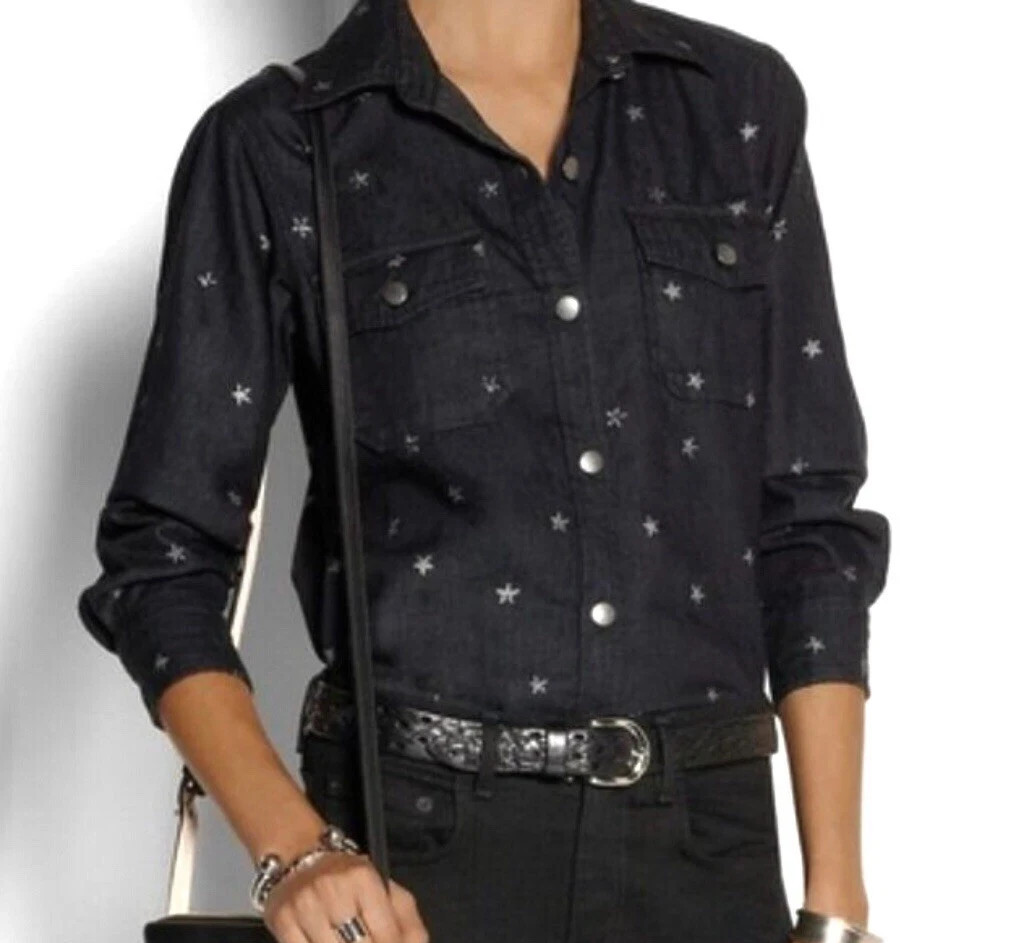 Current Elliott The Perfect Shirt Size 2/US 8 Black Chambray Button Down Stars