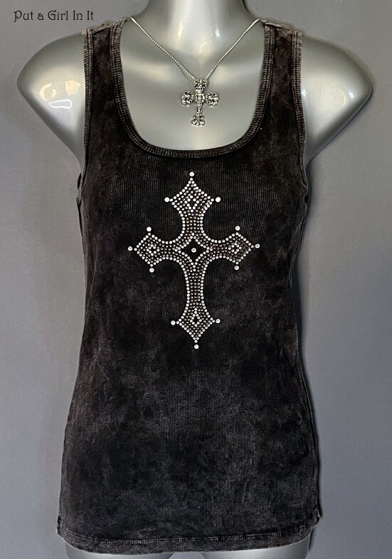 New Y2K Vocal Apparel Women’s Crystal Black Mineral Dyed Cross Tank Top Shirt L