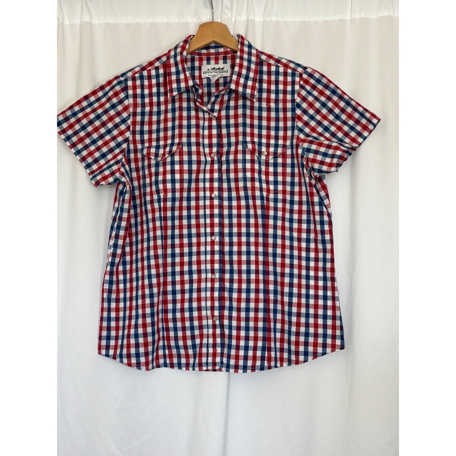Back In The Saddle Womens Red White Blue Gingham Western Snap Shirt L Cowgirl