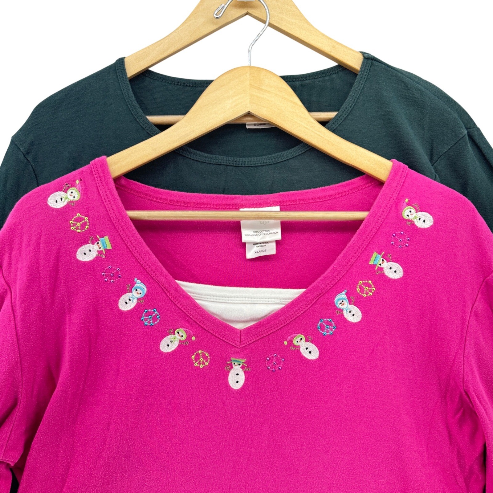 VTG Decorated Originals SET of 2 Christmas Shirts Pink Snowman Green XL Y2K 90s