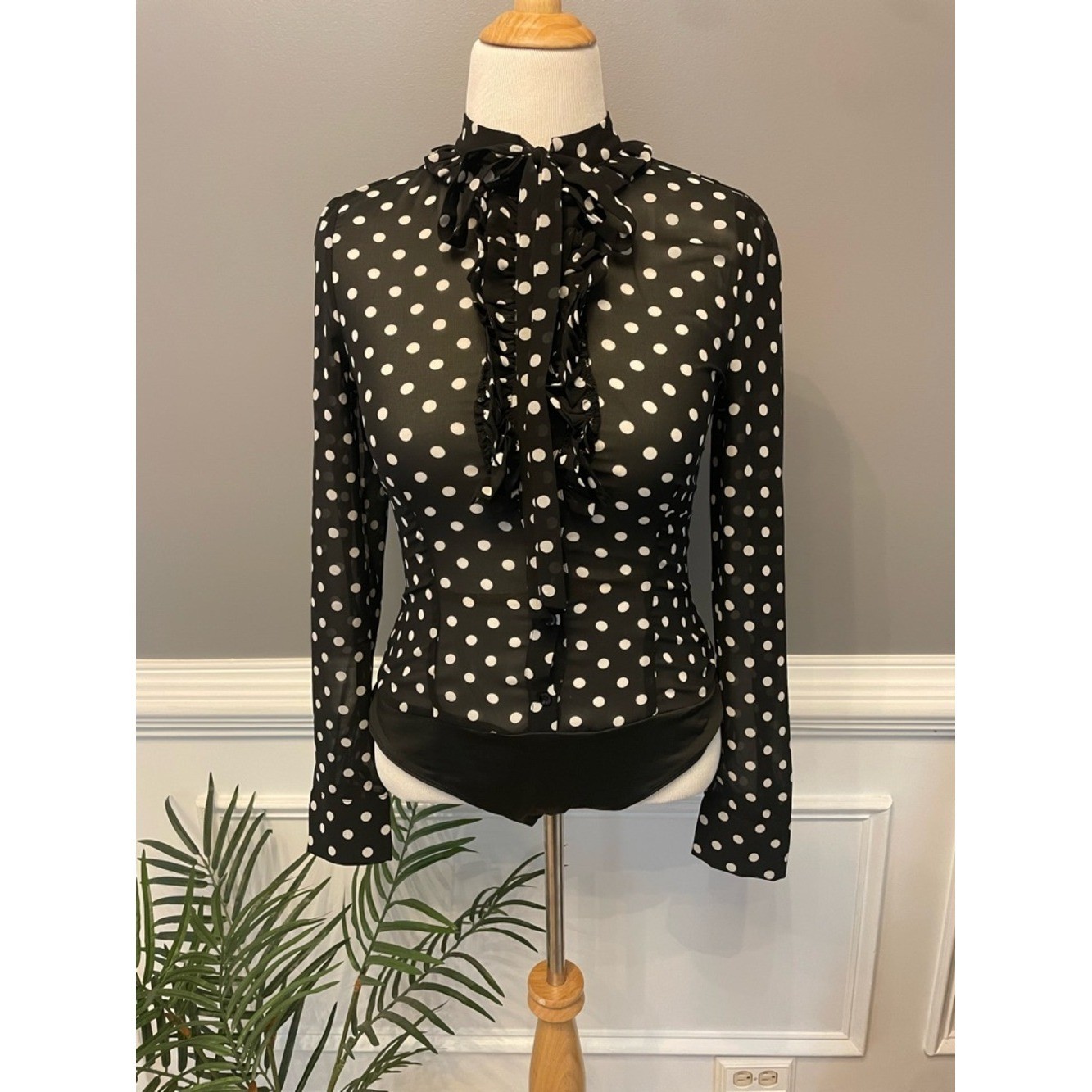 Fashion Nova Black and White Polka Dot Ruffle Tie-Neck Blouse