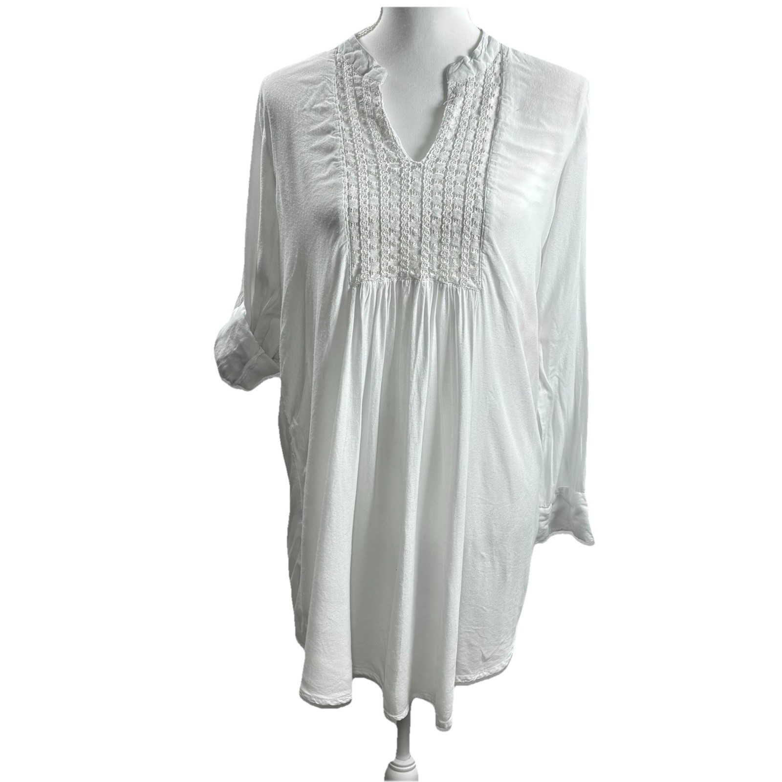 Venus White Flowy Popover Tunic Sz M Crochet Roll Tab Beach Resort Wear Cotton