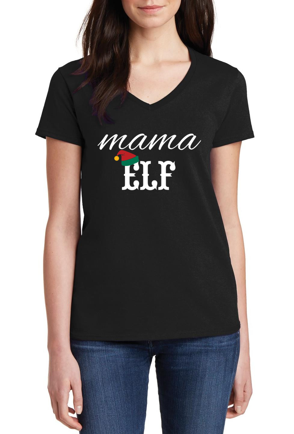 Ladies V-neck Mama Elf Shirt Mom Christmas Gift Mommy Funny Xmas Present Tee