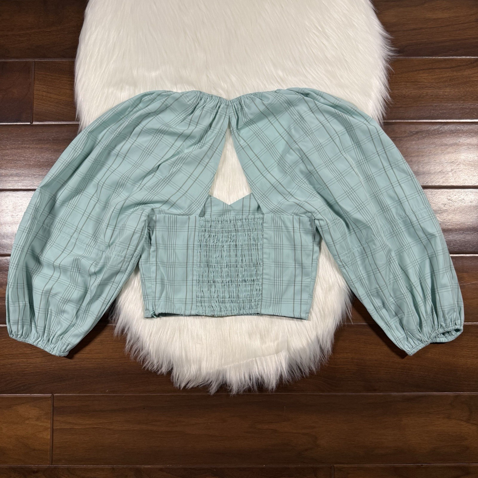 Buru Size XS Aqua Stripe Sweetheart Neck Balloon Sleeve Bustier Cropped Top