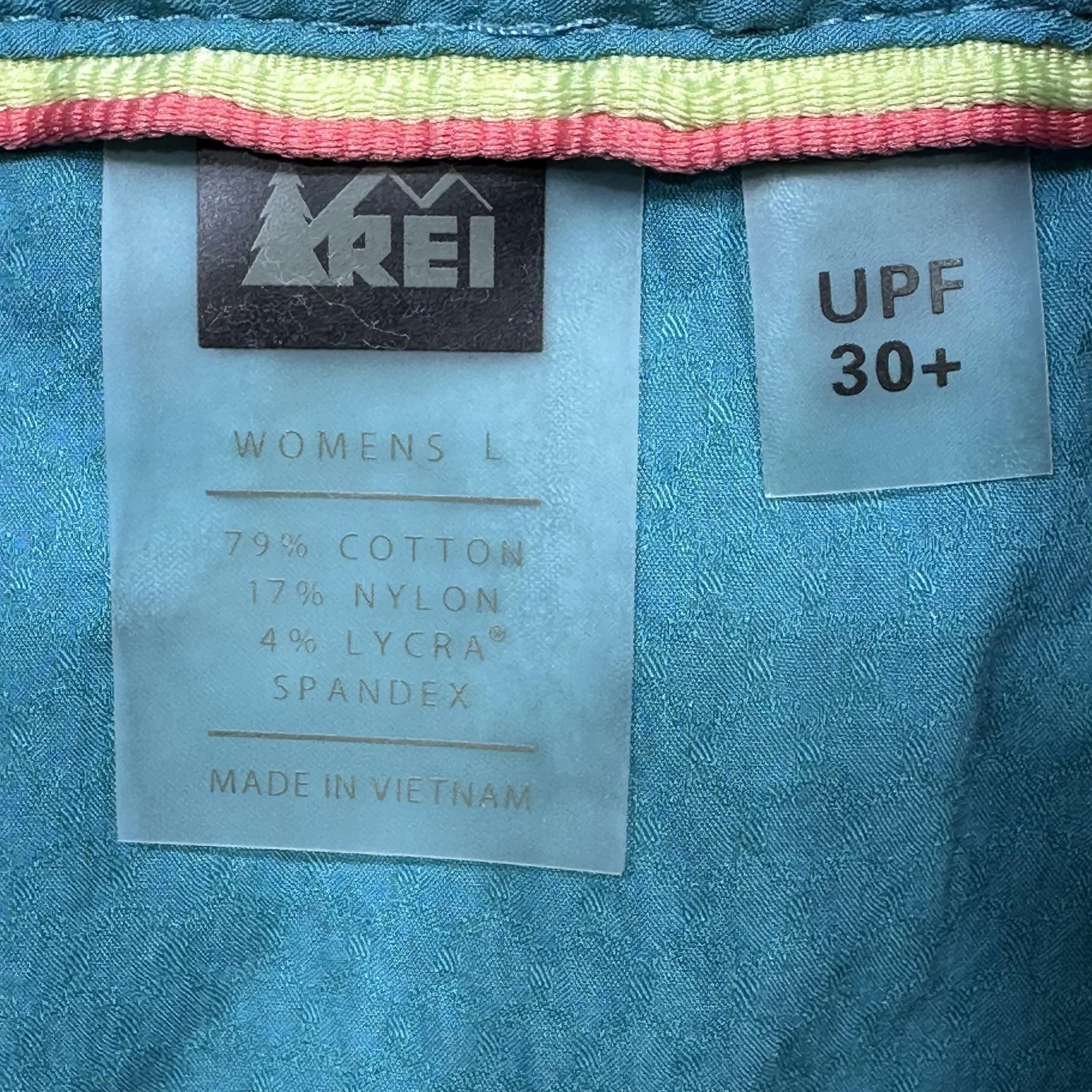 REI Shirt Womens Large Blue Green Long Sleeve Snap Front Hiking Outdoor UPF 30