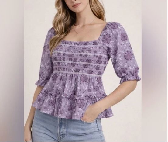 American Eagle Top Womens XL Purple Floral Smocked Embroidered Cropped Coquette