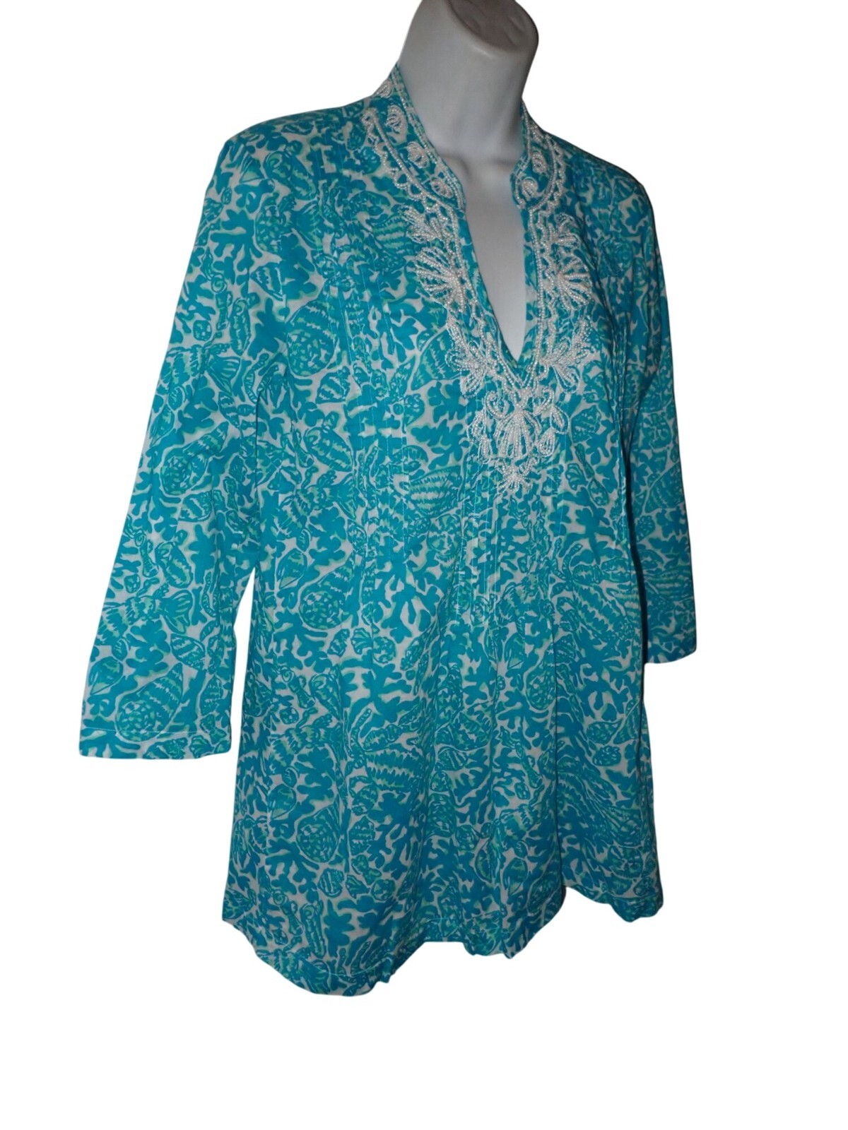 Lilly Pulitzer Sarasota Blue beaded Tunic Top Size S Shells Print Beach Casual