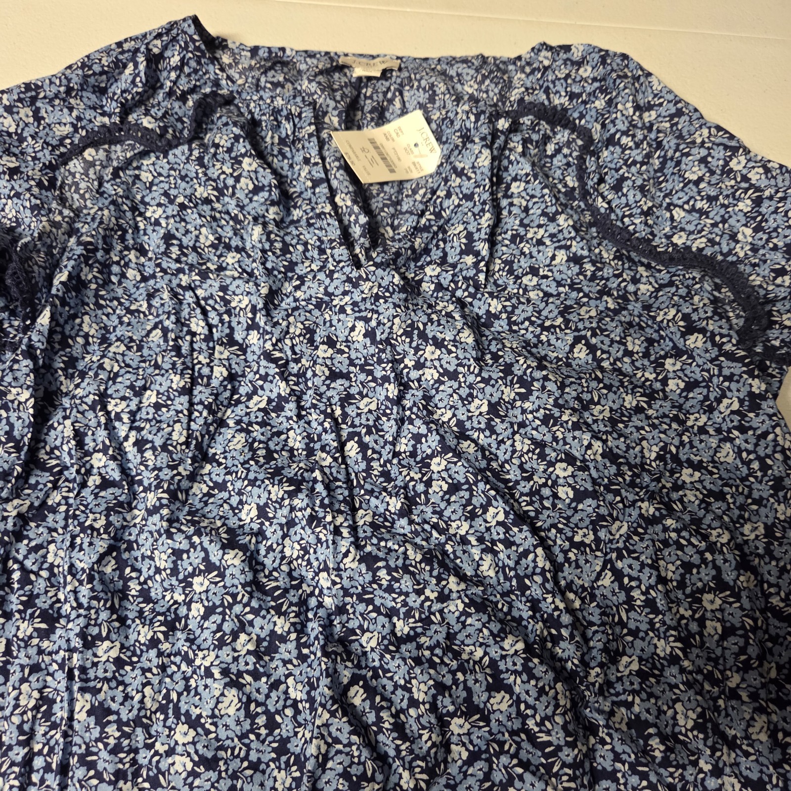 J Crew Floral Blue Ruffle Trim Peasant Top Size PS Petite Small Career Office