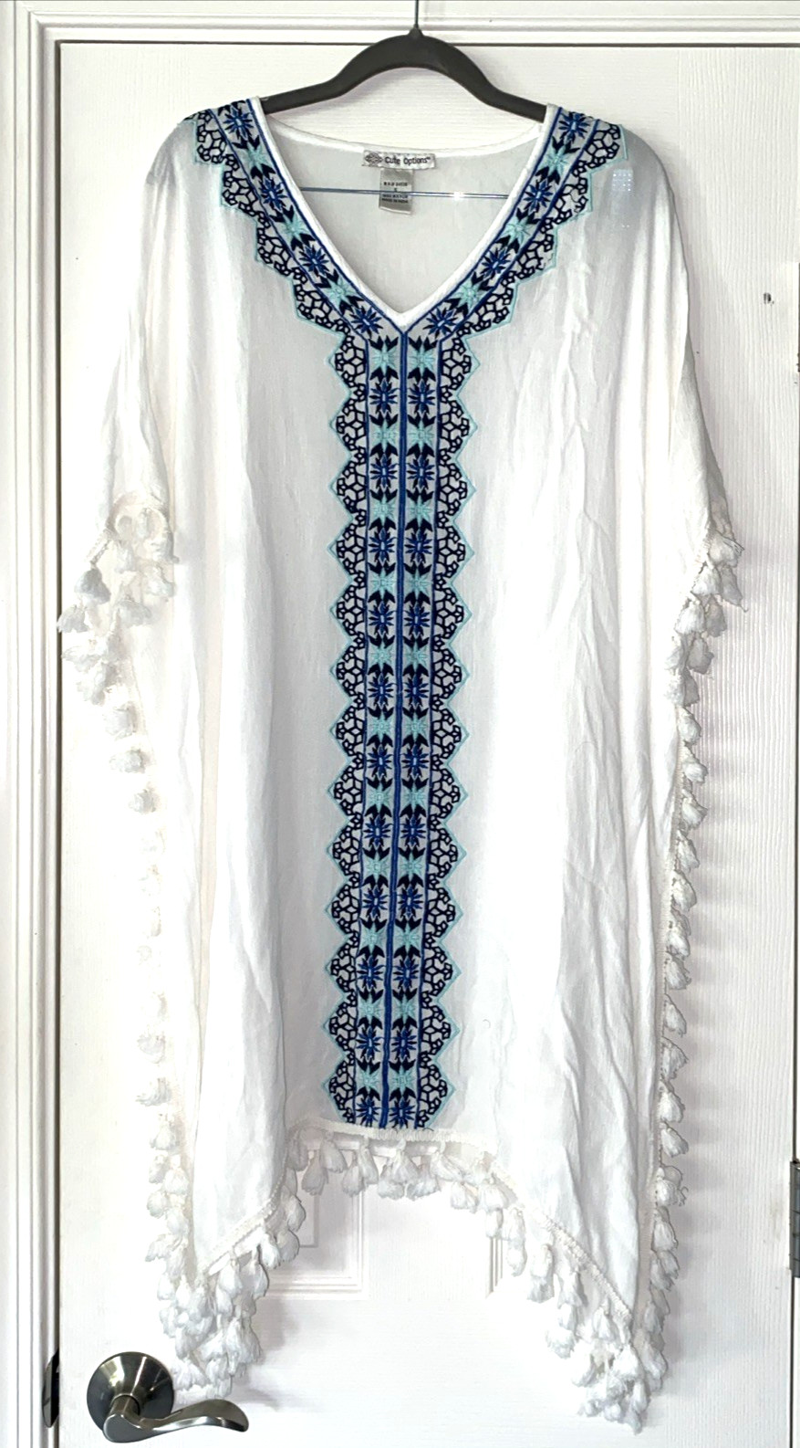 WOMENS CUTE OPTIONS BRAND BLUE EMBROIDERED KAFTAN COVER UP DRESS TASSELS SMALL