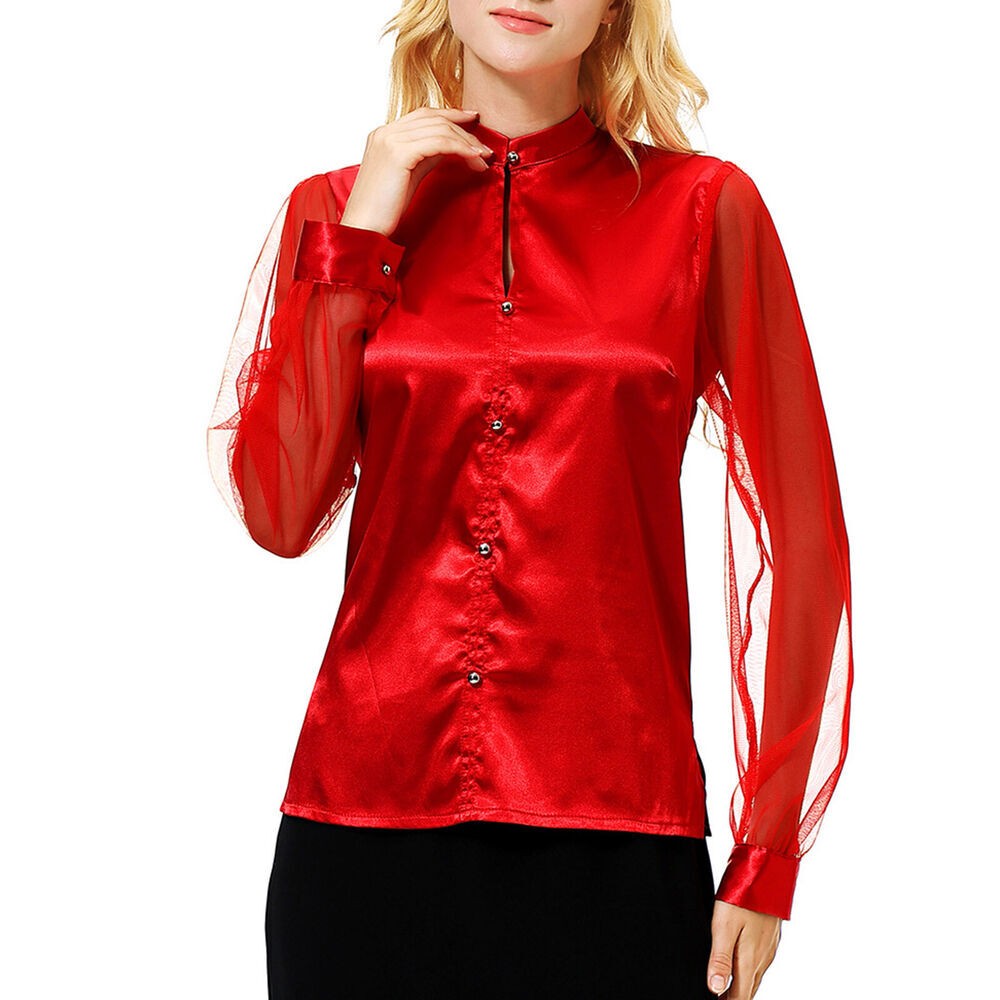 Women Long Mesh Sleeve Shirts Tops Blouse Party Satin Blouse Pure Color Top