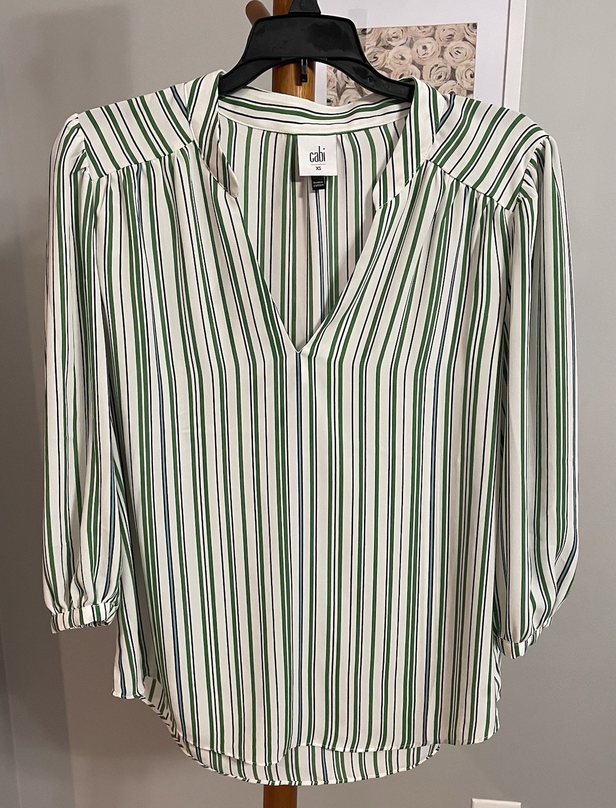 Women’s Cabi Green Ivory Black Stripe 3/4 Slv Blouse V Neck XS