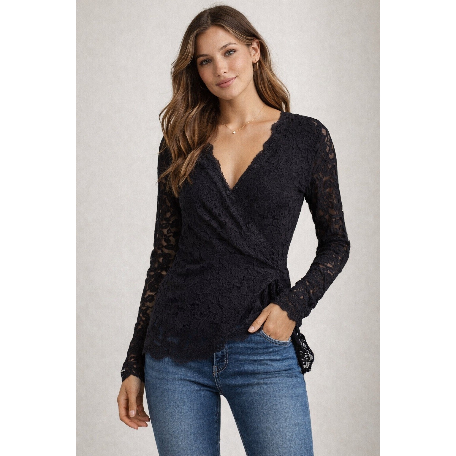 Rosemunde Copenhagen Black Floral Lace Wrap Cardigan Top Long Sleeve Size M