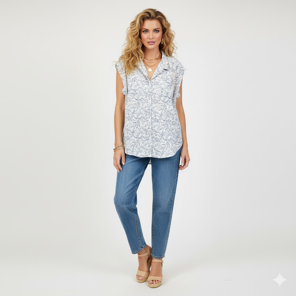 Jachs Girlfriend Blouse Womens L White Blue Floral Botanical Coastal Boho Summer