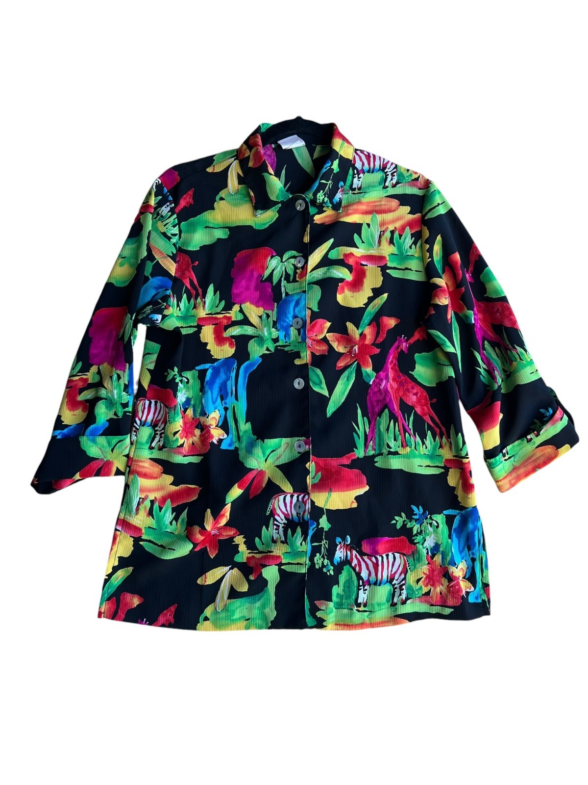 Vintage 80s Women’s LARGE Colorful Zoo Safari Animal Print Button Up Shirt