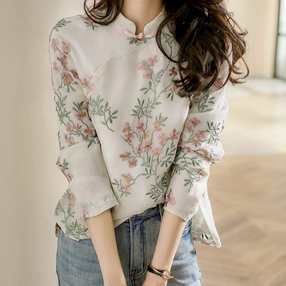 Womens Chinese Style Embroidery Floral Qipao Tops Long Sleeves Cheongsam Shirts