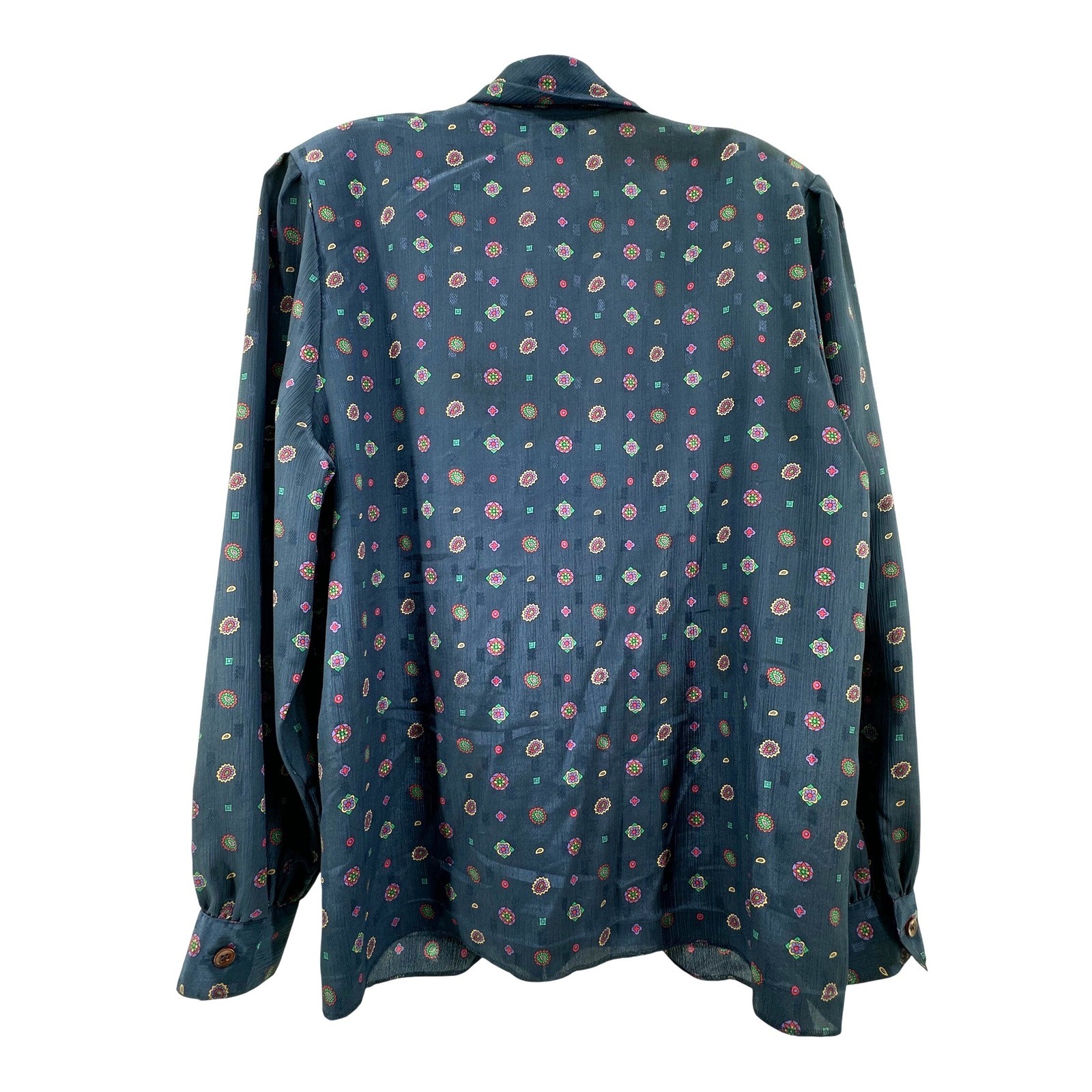Catalina Vintage Navy Blue Tie Neck Medallion Print Blouse Womens 12 Long Sleeve