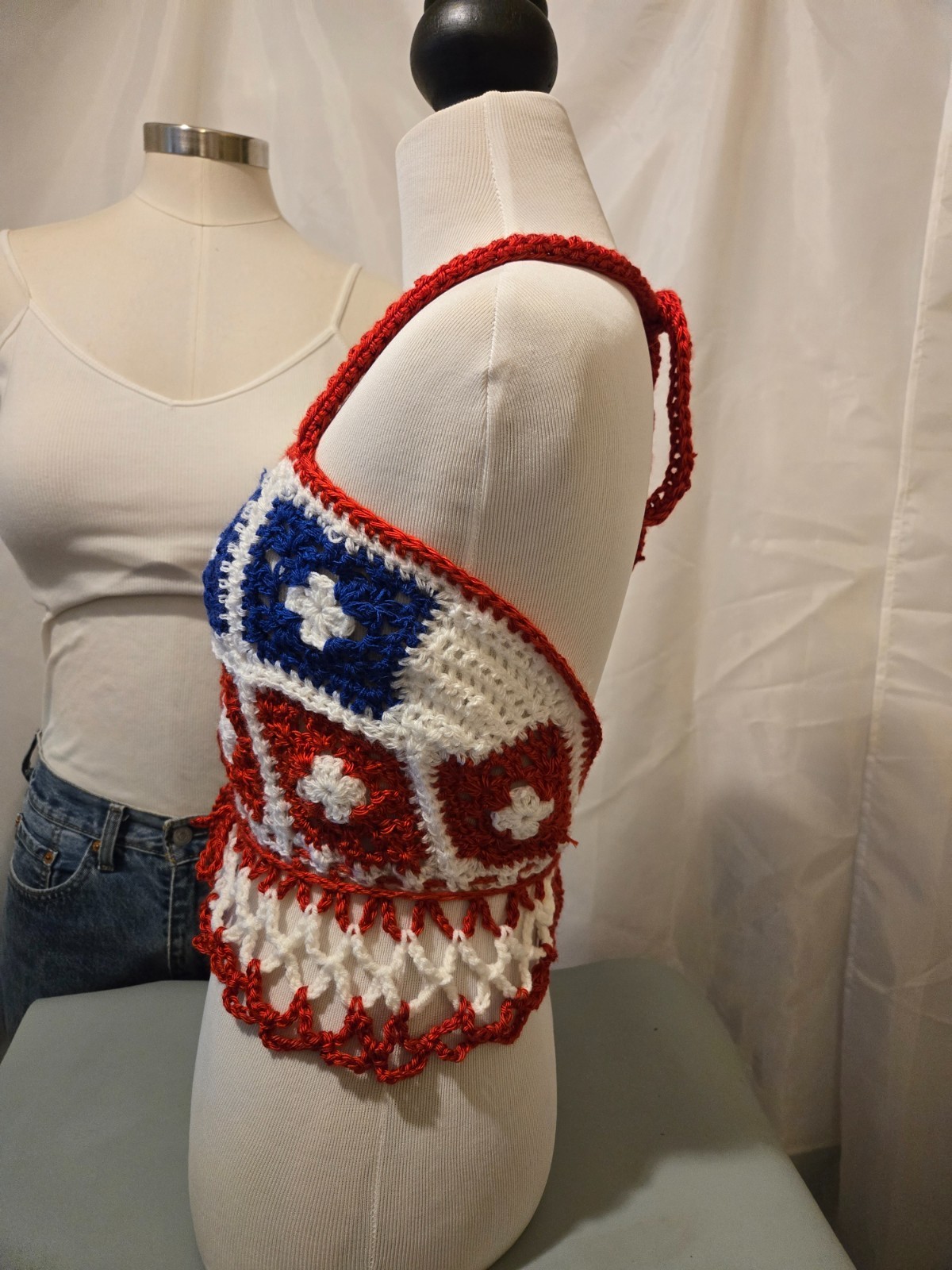 New Red White Blue Granny square Halter top Draw string tie Handmade Crocheted