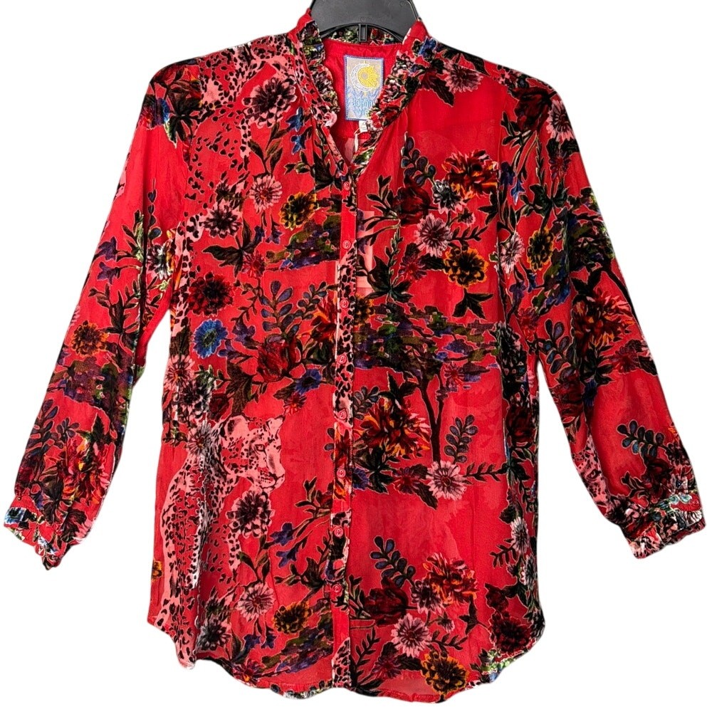 Johnny Was Floral Blouse Silk Burnout Red Bobcat Forest XS NWT Designer BOHO
