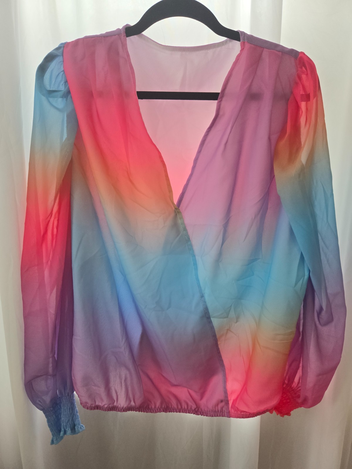 Womens 1XL Rainbow Ombre Sheer Blouse Pride Festival Pastel Top Faux Wrap