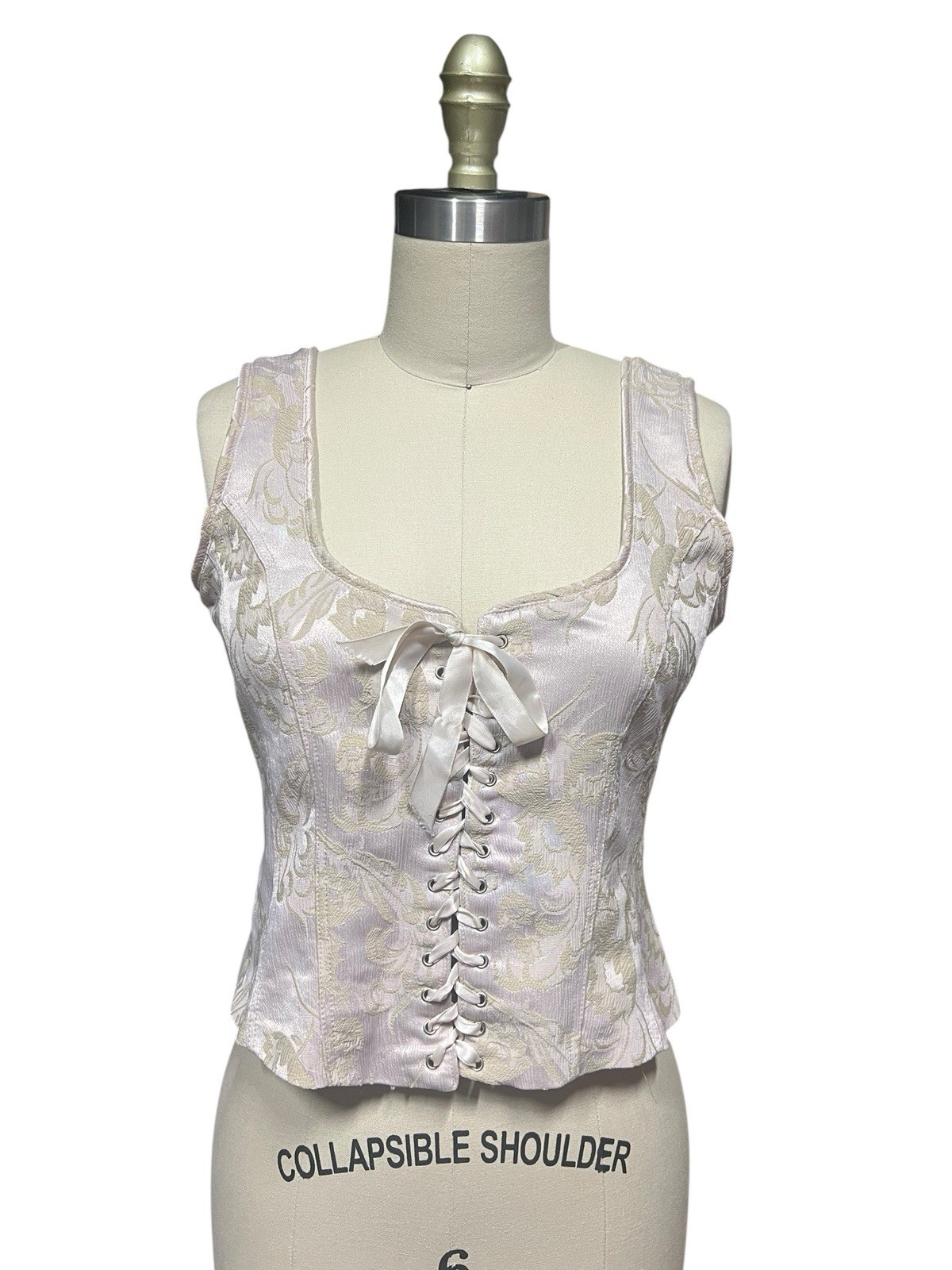 Vtg Y2K Corset Sleeveless Damask Brocade Fairycore Crop Tank Top Lace Up SZ M