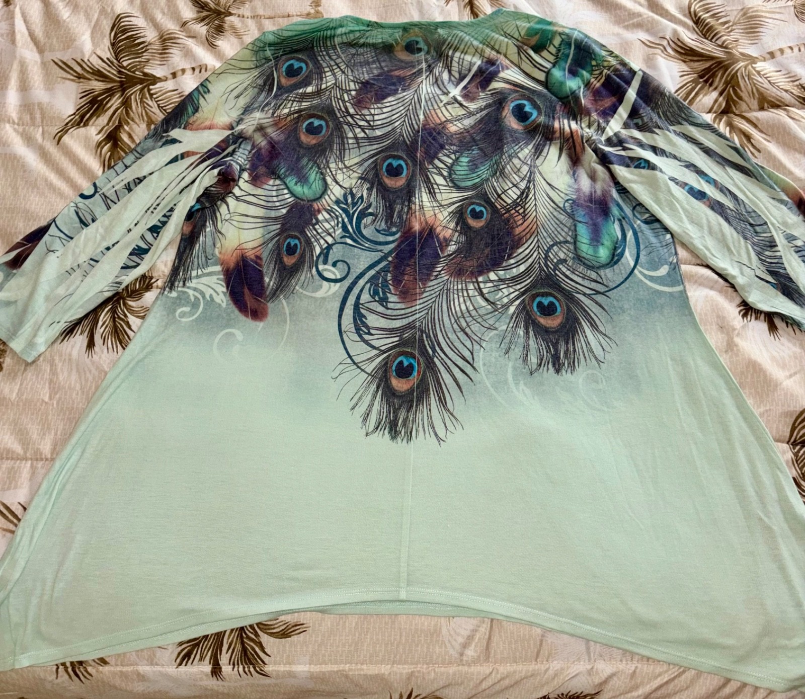 Cal Style USA Peacock Blouse, Boho, Green Palette, Handkerchief Hem, 2XL