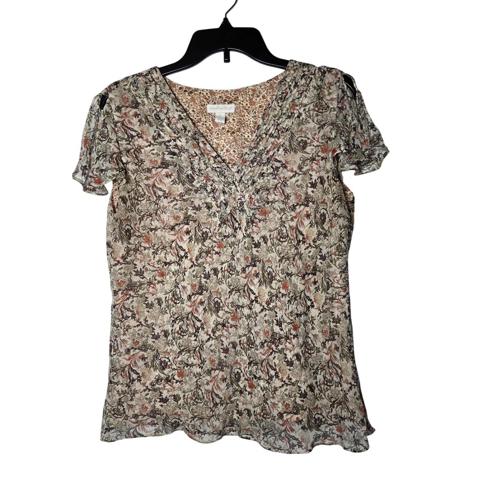 Charter Club Silk Floral V Neck Short Sleeve Top 12 Feminine Boho Cottage Summer