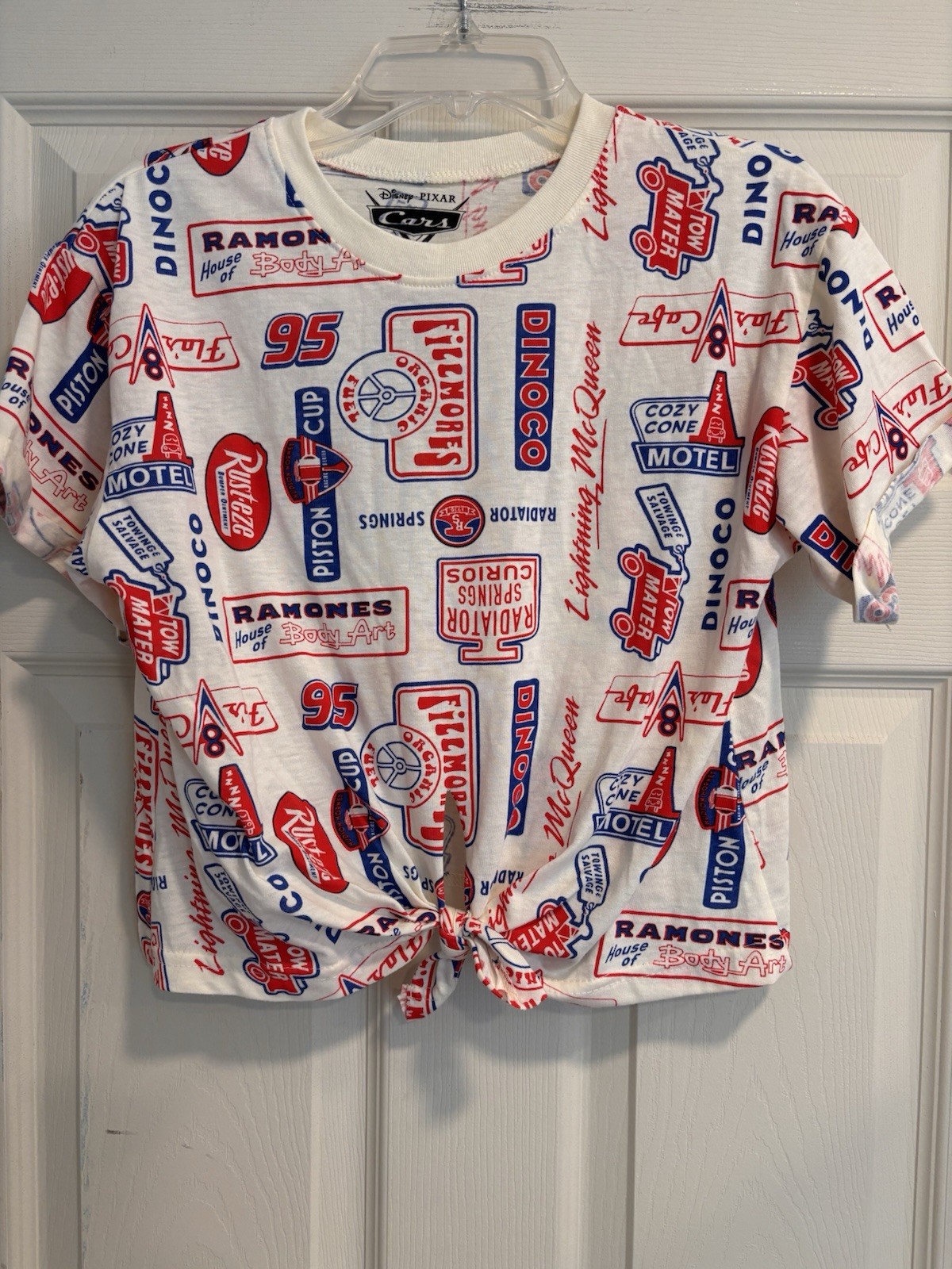 Disney Pixar Cars Womens Juniors Shirt XS Graphic Tee Red White Blue Tie Front