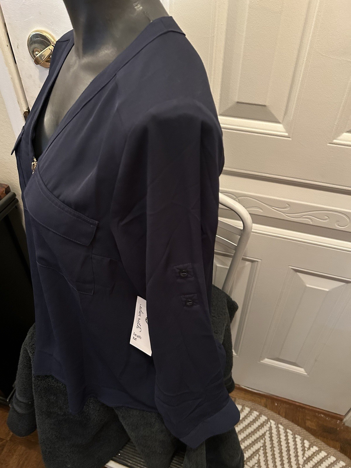 NWT Eden Ruth Navy Long Sleeve Partially Sheer Top Size M Retails $45