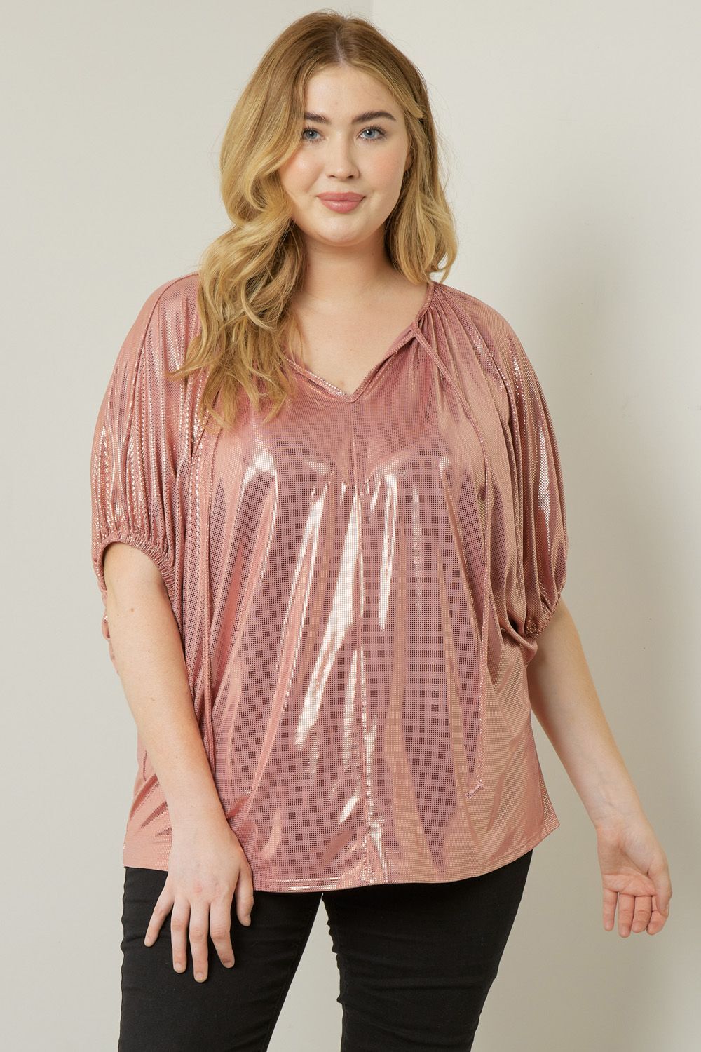 Entro Plus Pink V Neck Metallic Top Xl 1XL 2XL