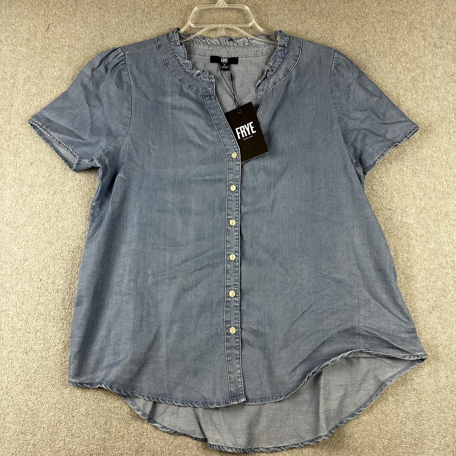Frye Chambray Shirt Womens Small Blue Short Sleeve Button Up Ruffle Collar Top