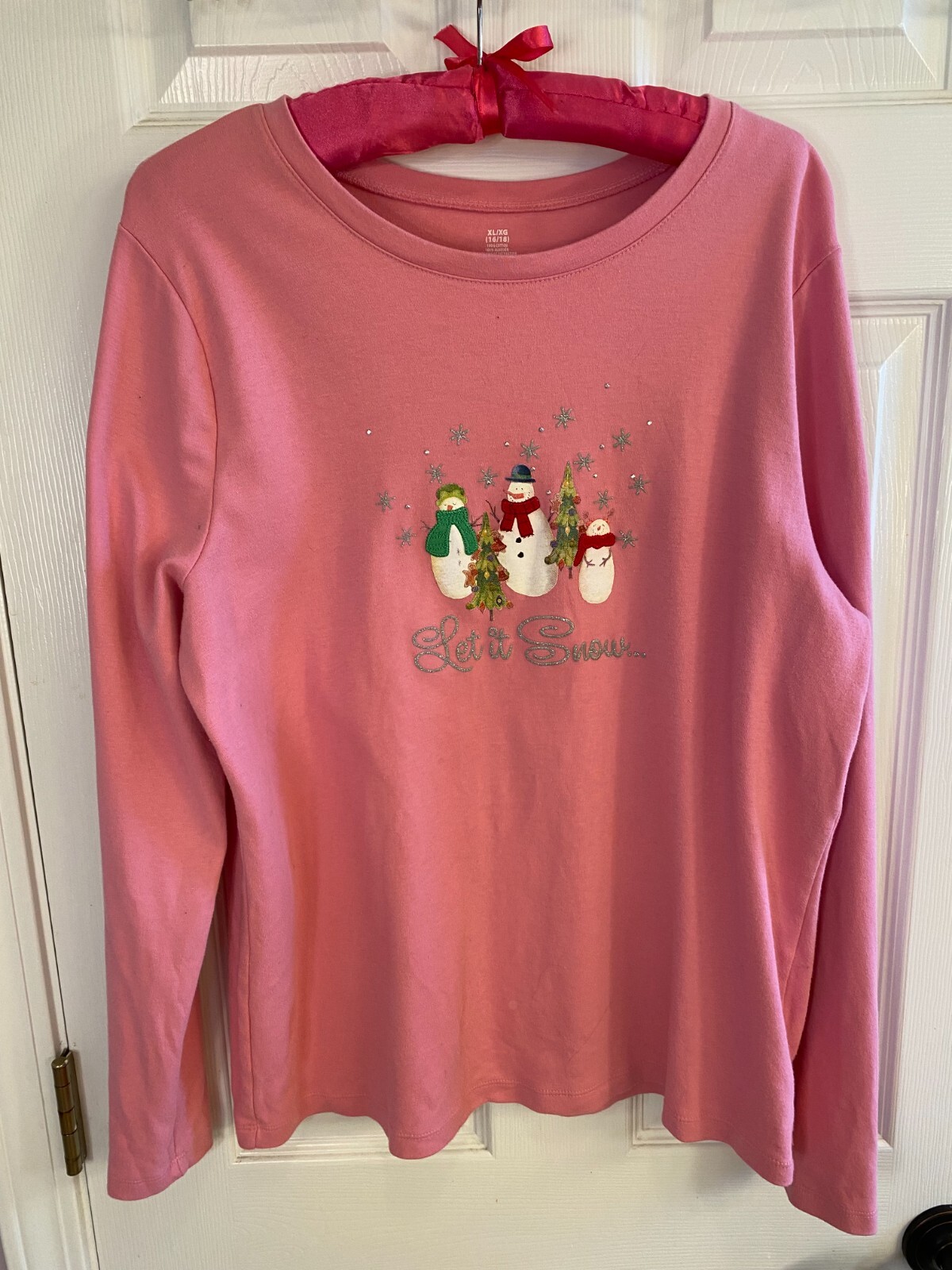 Christmas Yule Blouse Top Cotton Jersey Snowmen “Let It Snow” Pink XL EUC R393