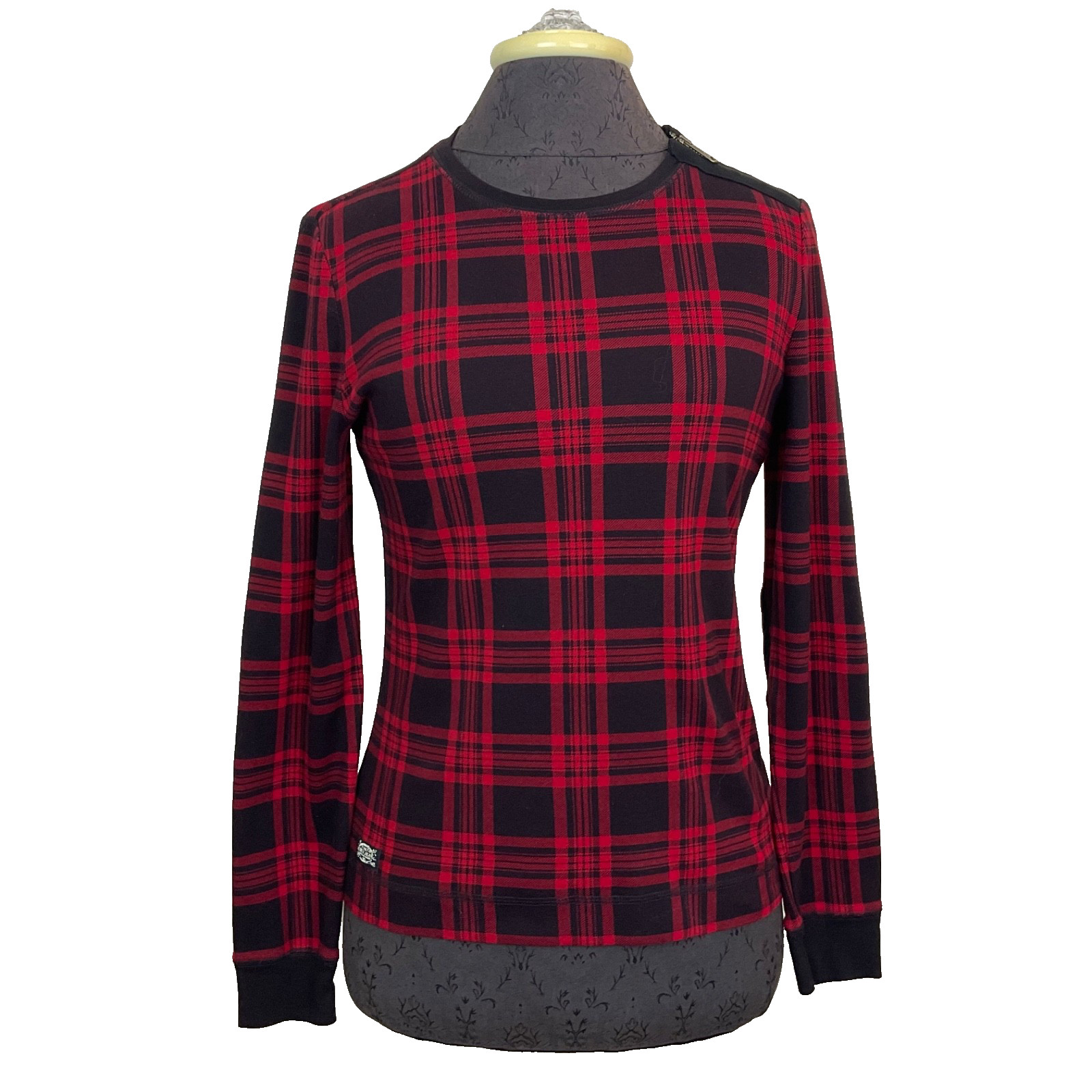 Ralph Lauren Red Black Plaid Top Elbow Patch Shoulder Zip Equestrian Logos Sz M