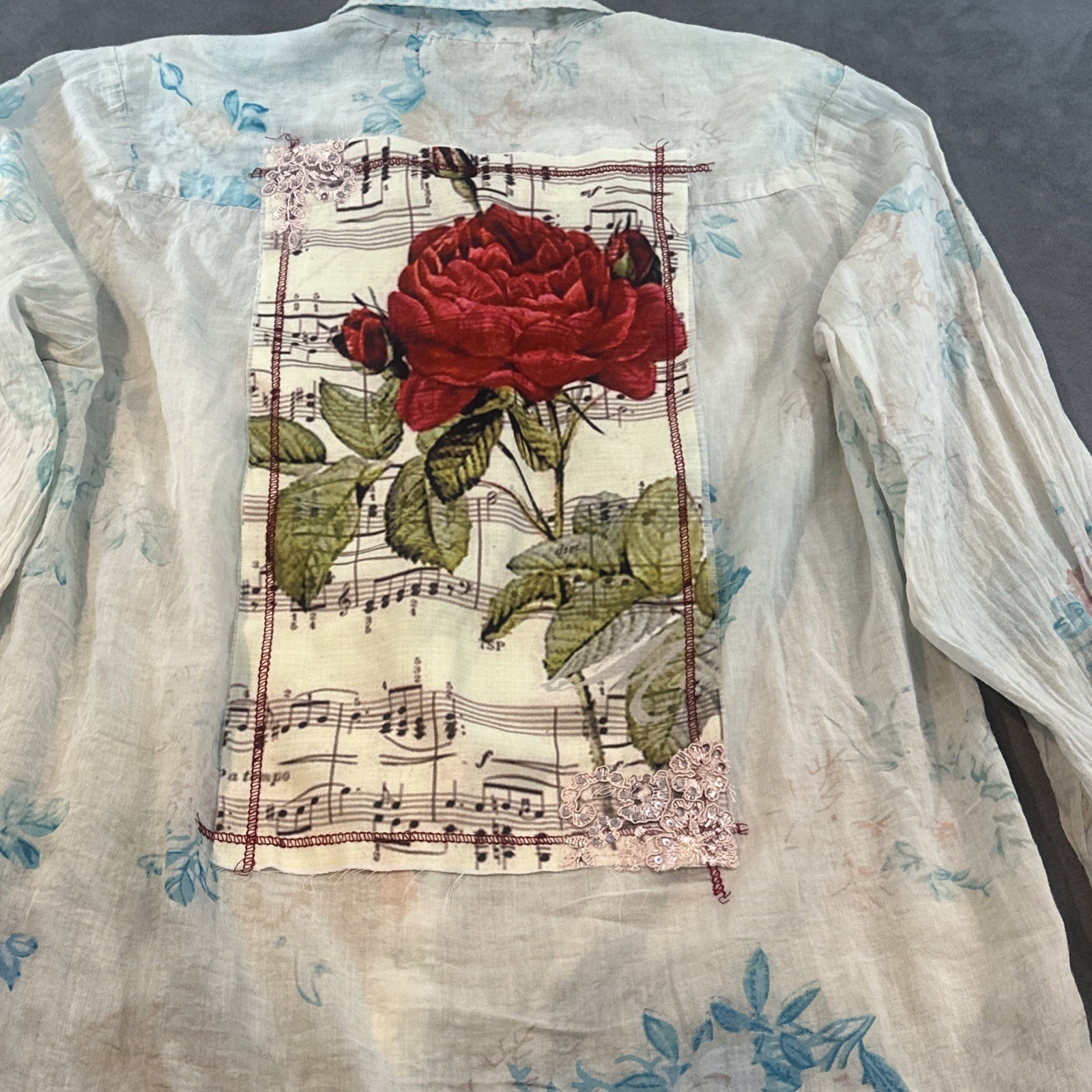 Romantic Fairy Sheer Cotton Floral Applique Sequin Blouse Dainty Soft Womens M