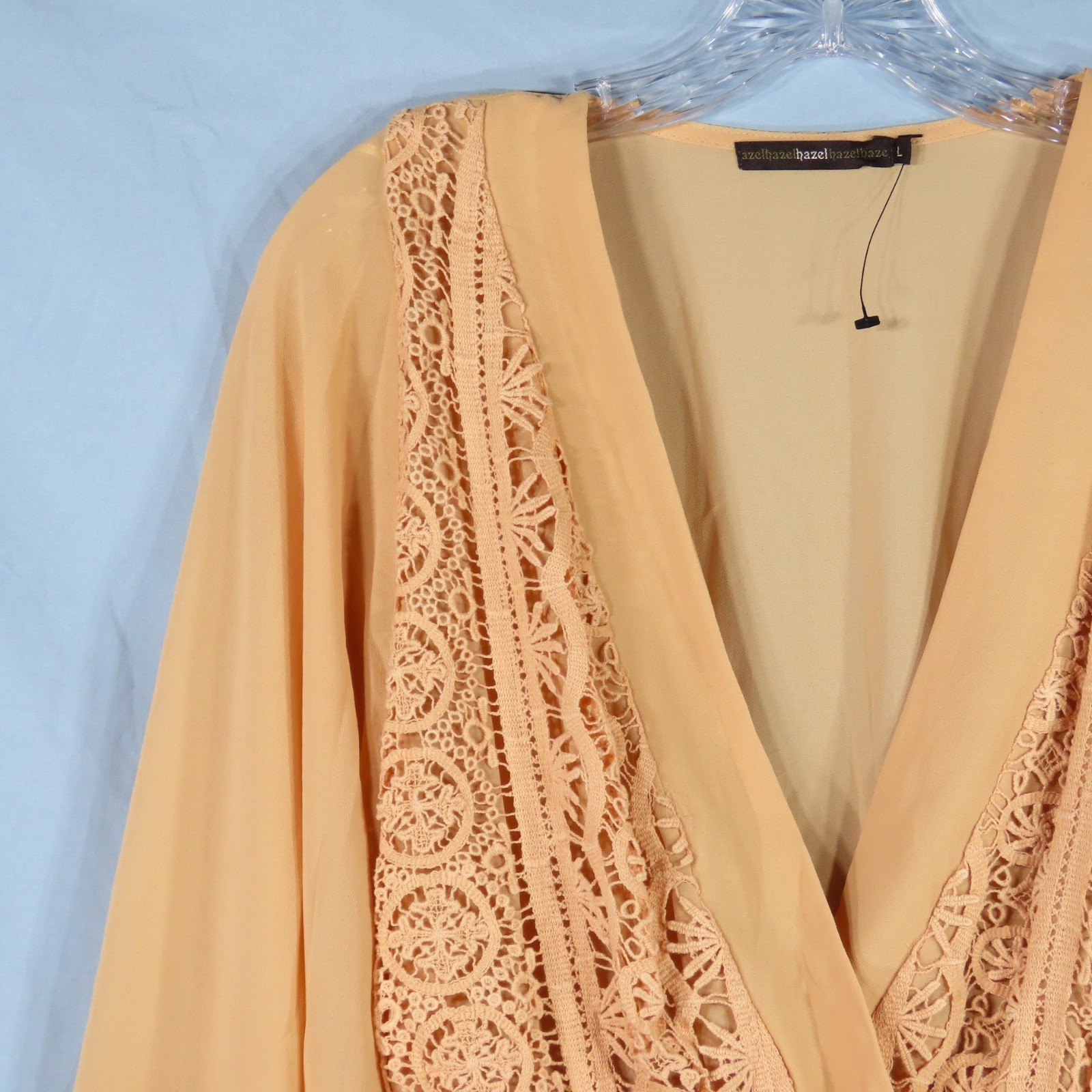 HAZEL Peach Crepe Chiffon PEASANT TOP BLOUSE Peplum Lace Crochet WHIMSIGOTH sz L