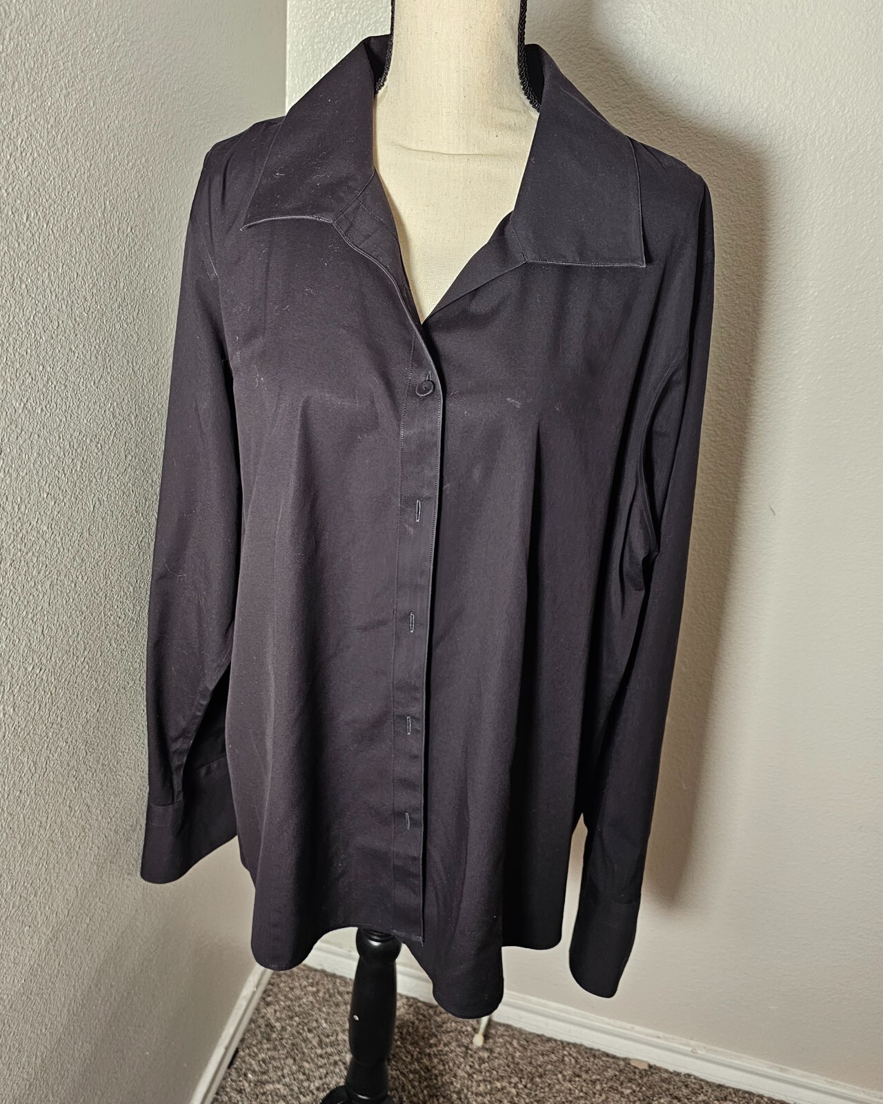 Talbots 20W Black Button Shirt Long Sleeve Collared Top Barrel Cuff Casual