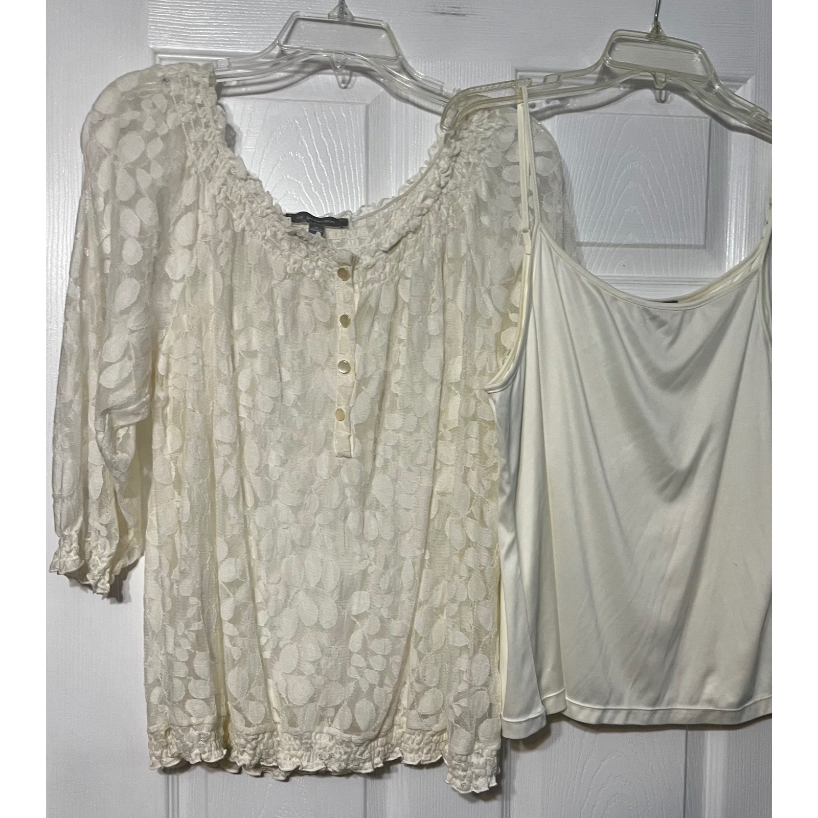 NY Collection Lace Blouse Cami Set Cottagecore Button Up Top Ivory Size XL